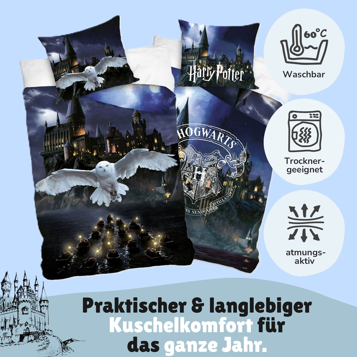 Infotafel Pflege Maschinenwäsche und Trocknergeeignet und Reißverschluss an der Bettwäsche