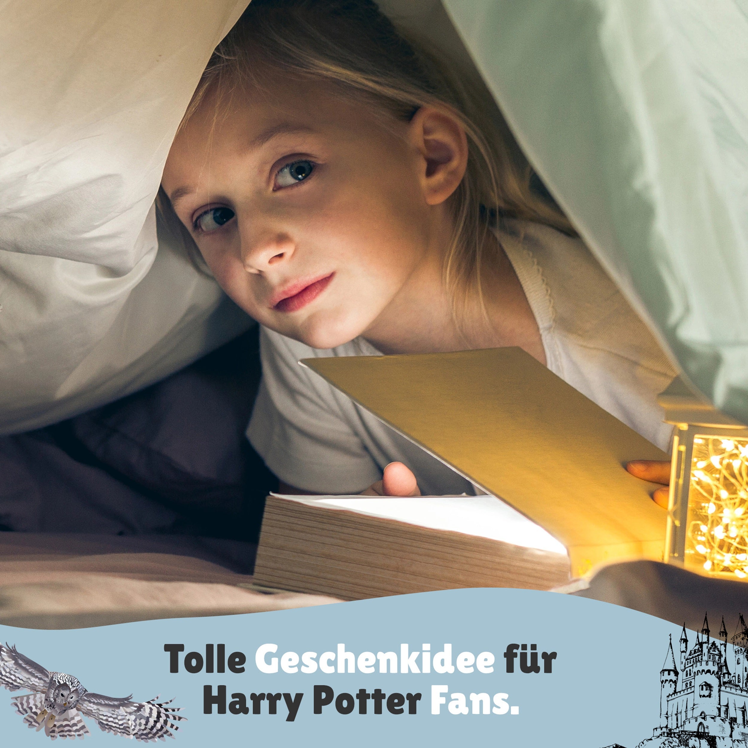 Mädchen liegt unter Bettdecke und liest Buch - Geschenkidee für Harry Potter Fans