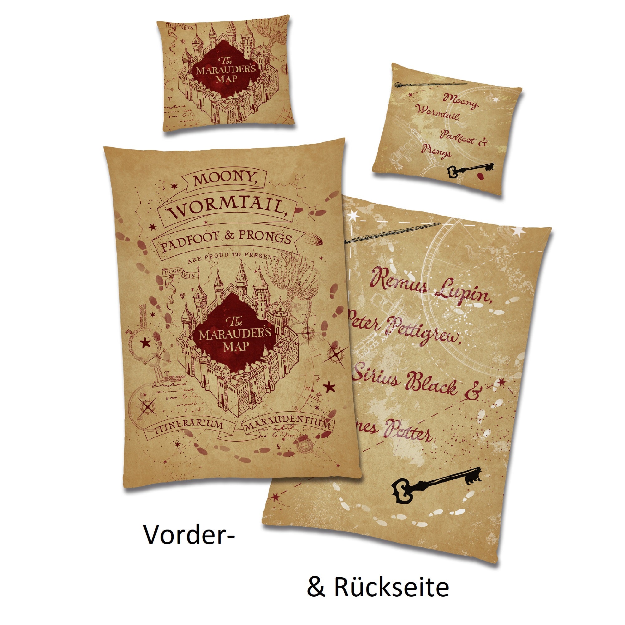 Vorder und Rückseite nebeneinander abgebildet mit Karte des Rumtreibers, sowie den Namen der Erschaffer auf der Wendeseite der Bettwäsche
