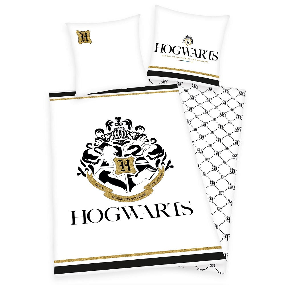 Harry Potter Bettwäsche Set weiß 135x200 + 80x80 cm aus 100% Baumwolle mit Knopfleiste Motiv Wappen
