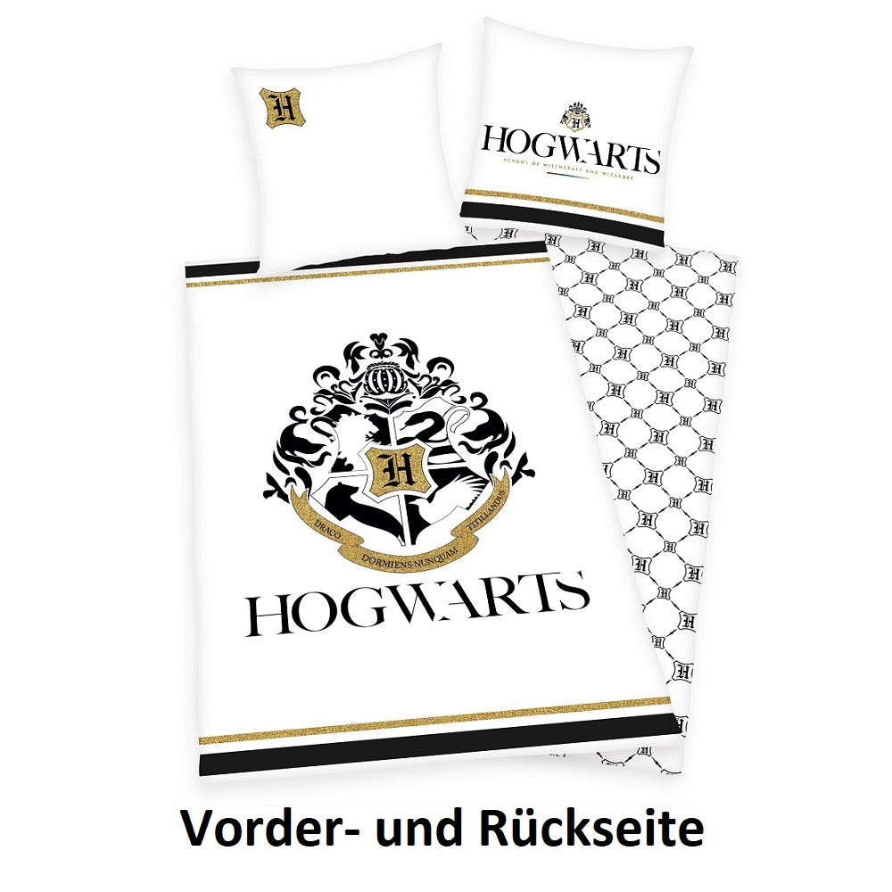 Harry Potter Bettwäsche Set weiß 135x200 + 80x80 cm aus 100% Baumwolle mit Knopfleiste Motiv Wappen