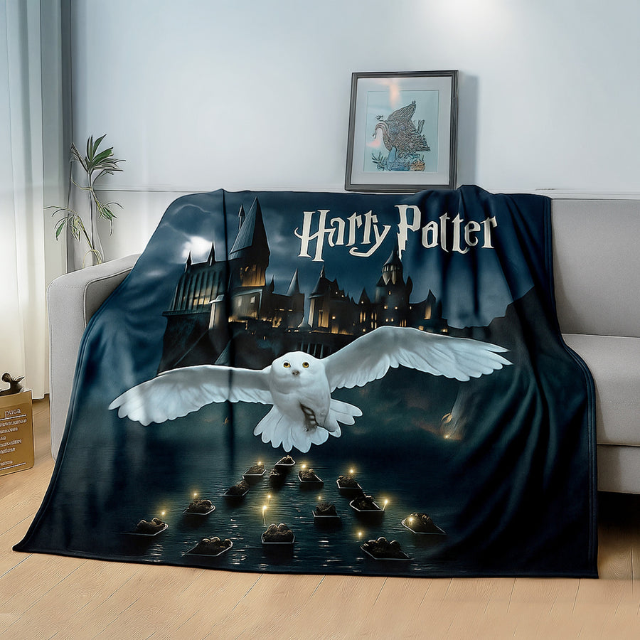 Harry Potter Kuscheldecke Wohndecke schwarz mit Eule Hedwig weiß und Schriftzug