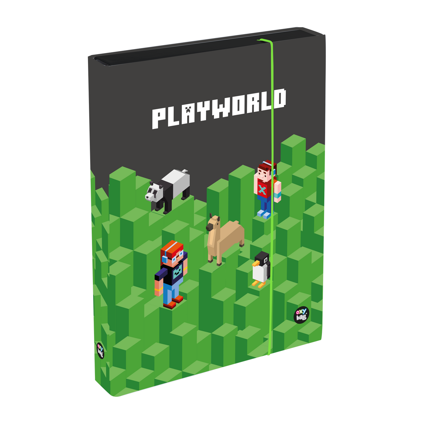 Heftbox DIN A5 grün und grau mit Aufschrift Playworld im passenden Pixel Design