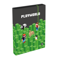 Heftbox DIN A5 grün und grau mit Aufschrift Playworld im passenden Pixel Design