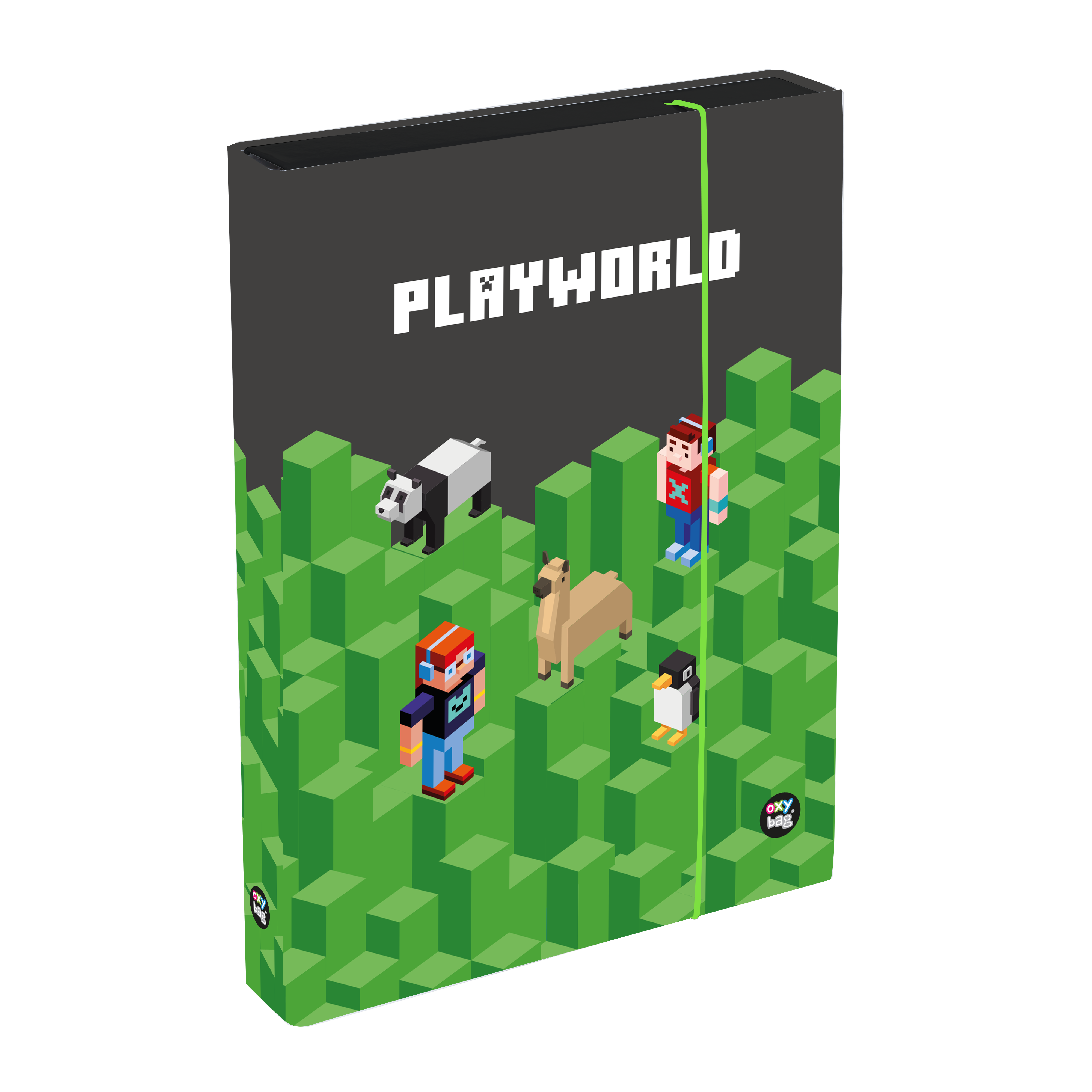 Heftbox DIN A5 grün und grau mit Aufschrift Playworld im passenden Pixel Design