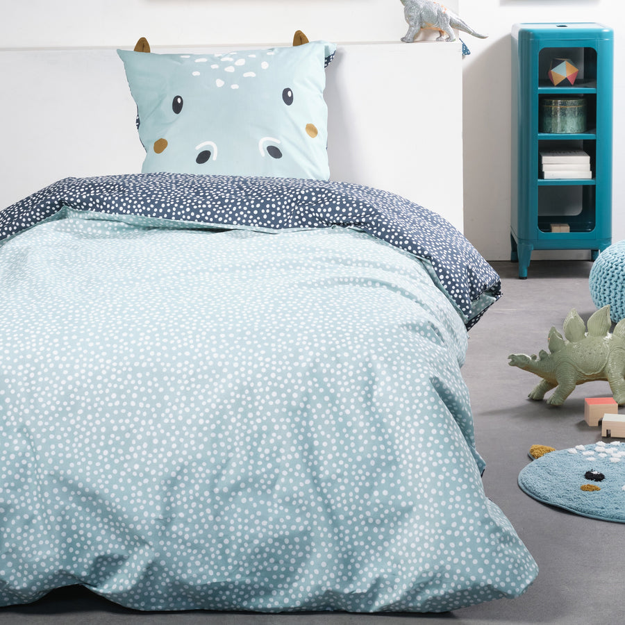 Kinderbettwäsche blau mit Nilpferd Kops als Kopfkissen mit Ohren mit Bettdecke gemustert 