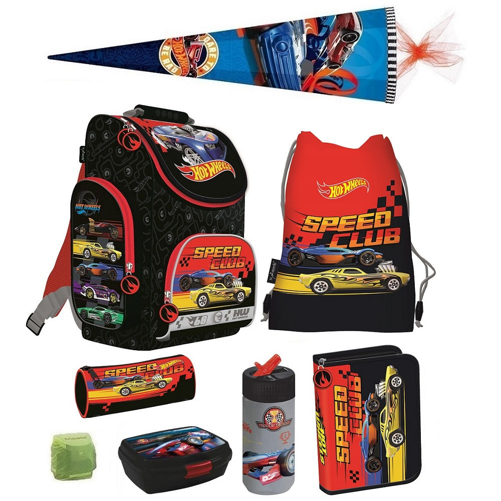 Hot Wheels Schulranzen Set in schwarz rot mit Auto Motiv für Jungen ab der 1. Klasse