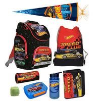Hot Wheels Schulranzen Set 8-teilig mit Federmappe, Schlamperrolle, Turnbeutel, Regenschutz, Dose, Flasche und Schultüte 85cm