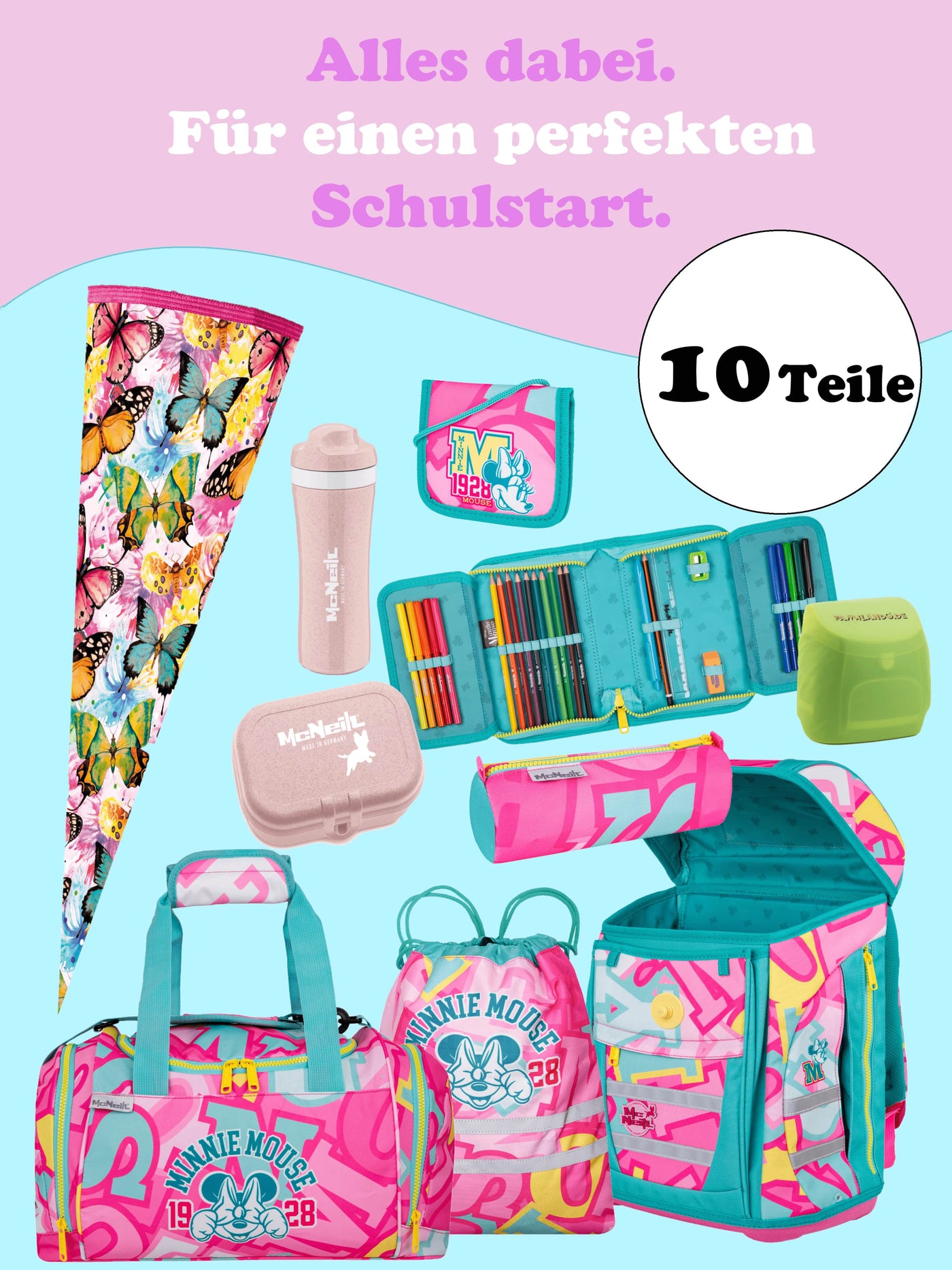 McNeill Teneris Minnie Mouse Schulranzen Set für Mädchen 1. Klasse - Ergonomisch, Leicht, Geräumig - 980 Gramm, 18 L Volumen - Disney Sonder-Edition