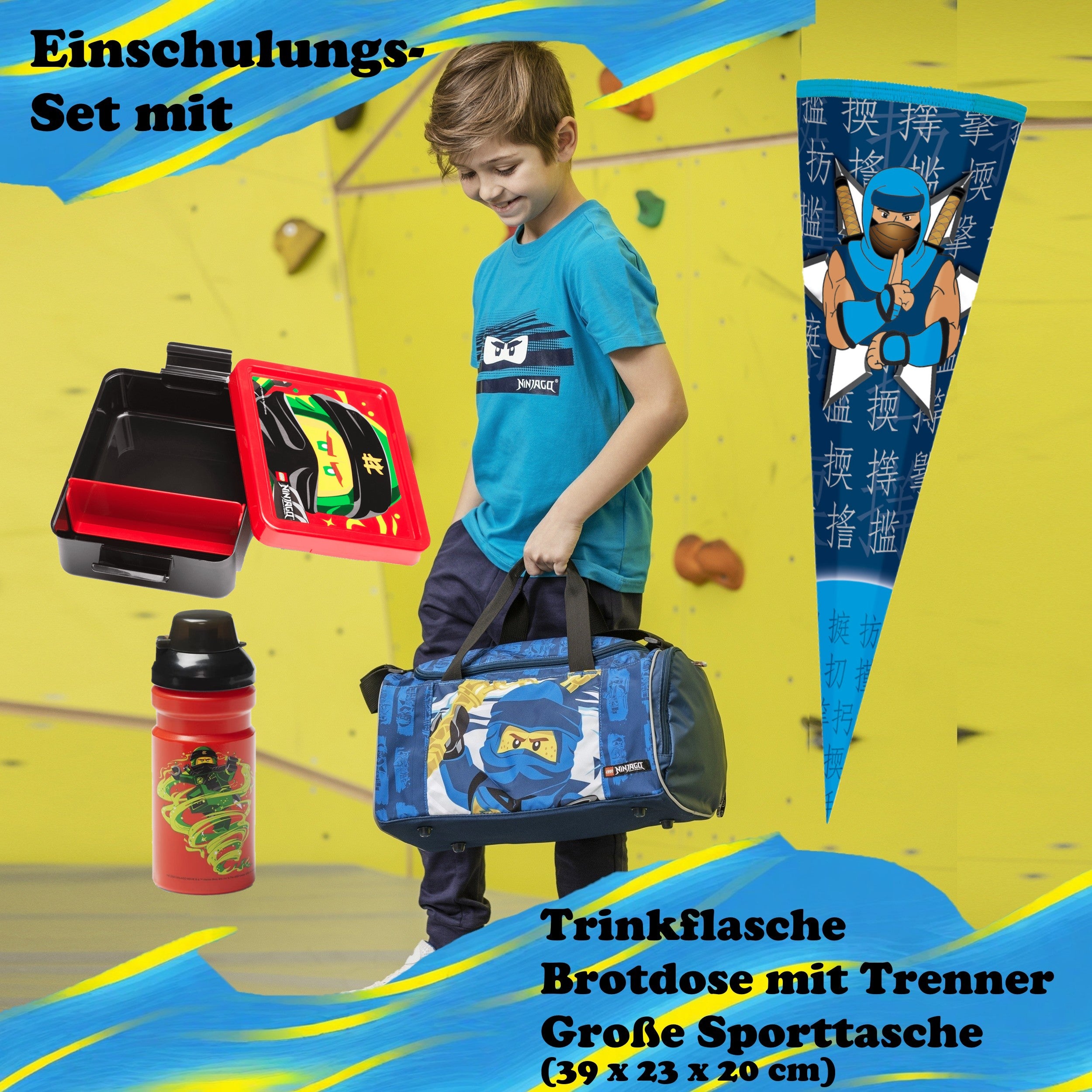 Infotafel zusätzliche Zubehör; Dose, Flasche Junge hält Sporttasche und Schultüte
