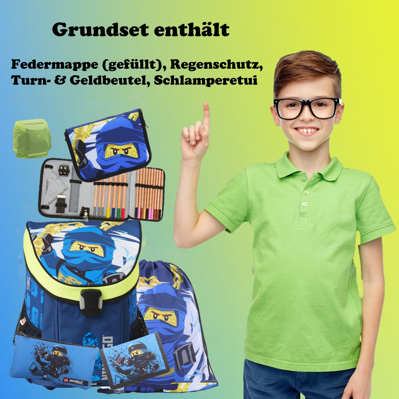 Infotafel Inhalt 6-teiliges Set: Ranzen, Federmappe, Turn- & Geldbeutel, Schlamperetui, Regenschutz