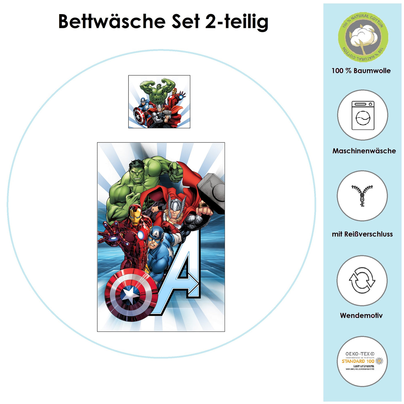 Infotafel Material und Waschhinweise der Bettwäsche aus 100% Baumwolle mit Reißverschluss
