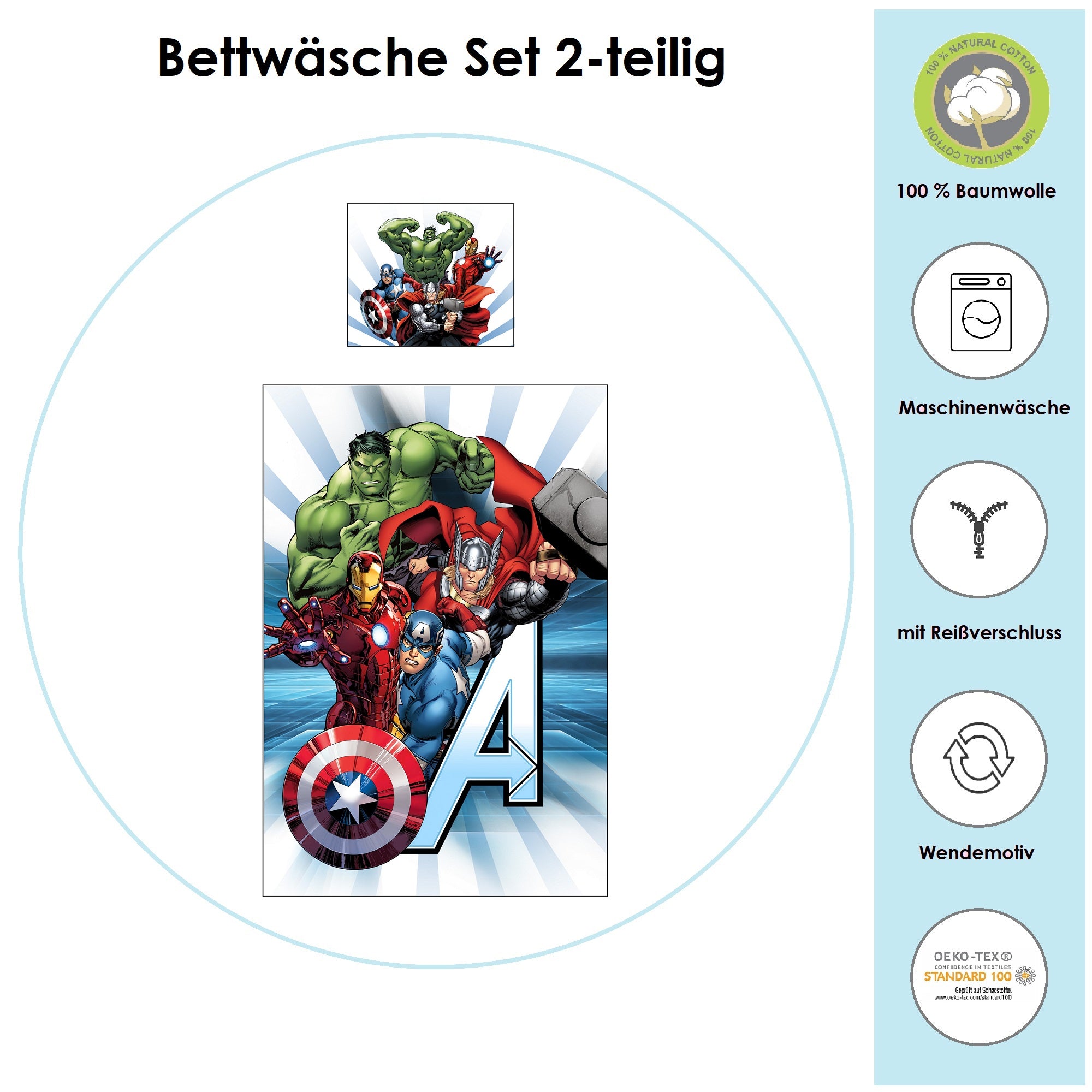 Infotafel Material und Waschhinweise der Bettwäsche aus 100% Baumwolle mit Reißverschluss