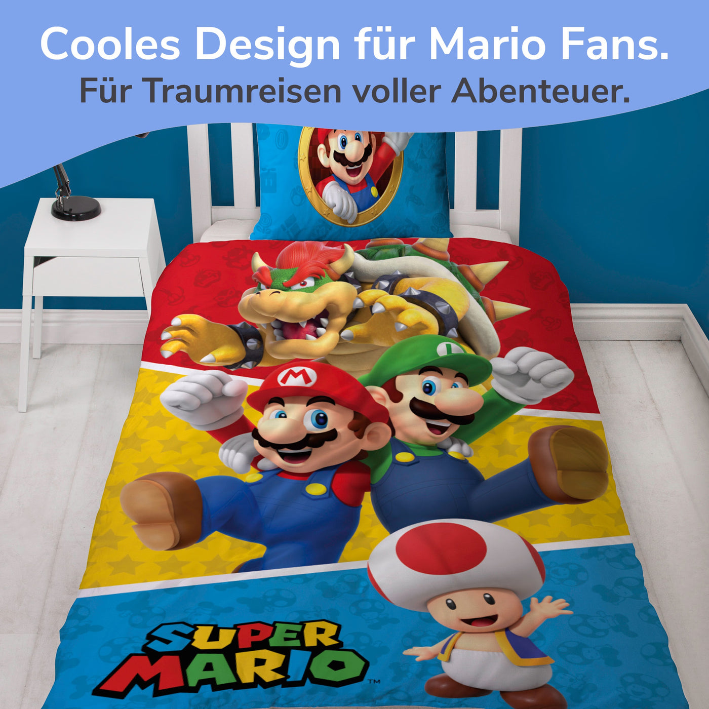 Super Mario Bettwäsche blau und bunt mit Mario, Luig, Bowser und Toad auf Bett gezogen