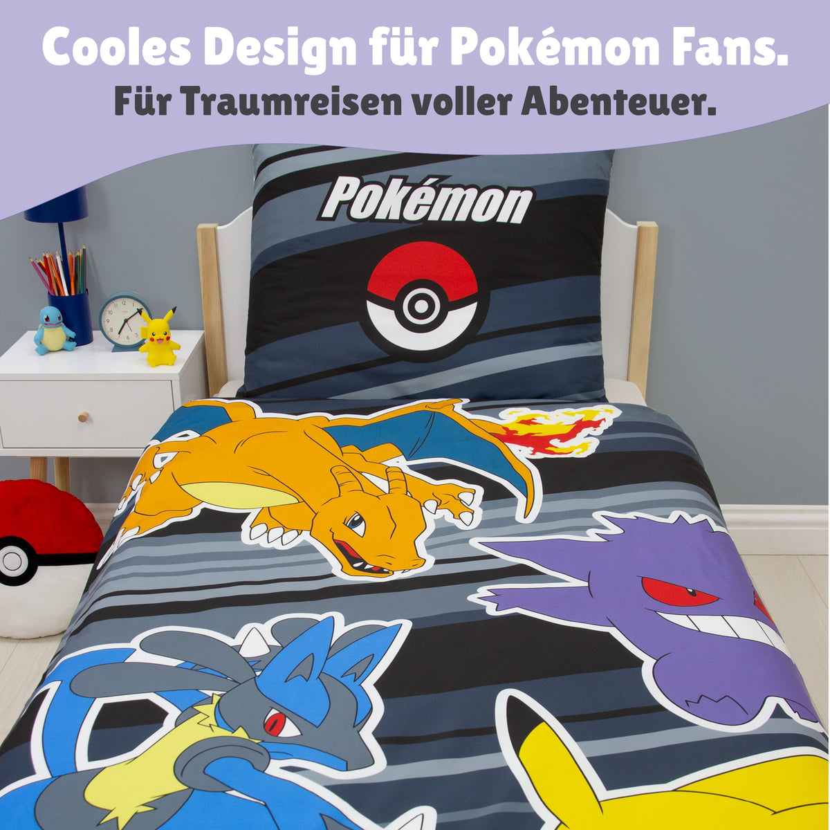 Detailansicht Vorderseite mit verschiedenen Pokemon und Poke-Ball auf Kopfkissen