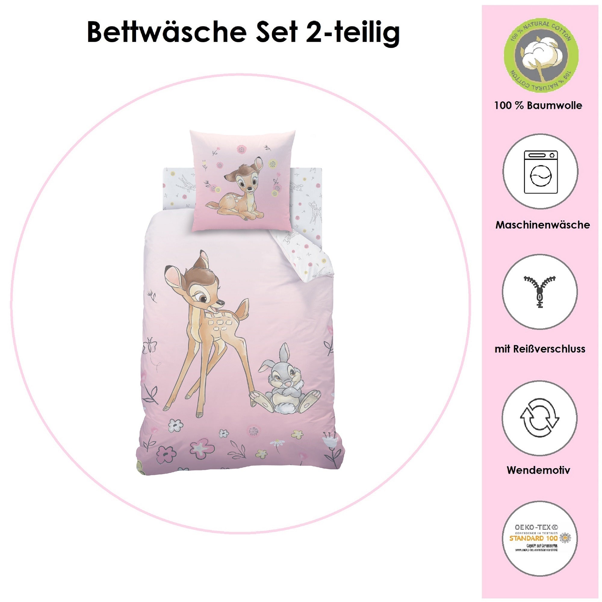 Infotafel Material und Waschhinweise der Bettwäsche aus 100% Baumwolle mit Reißverschluss