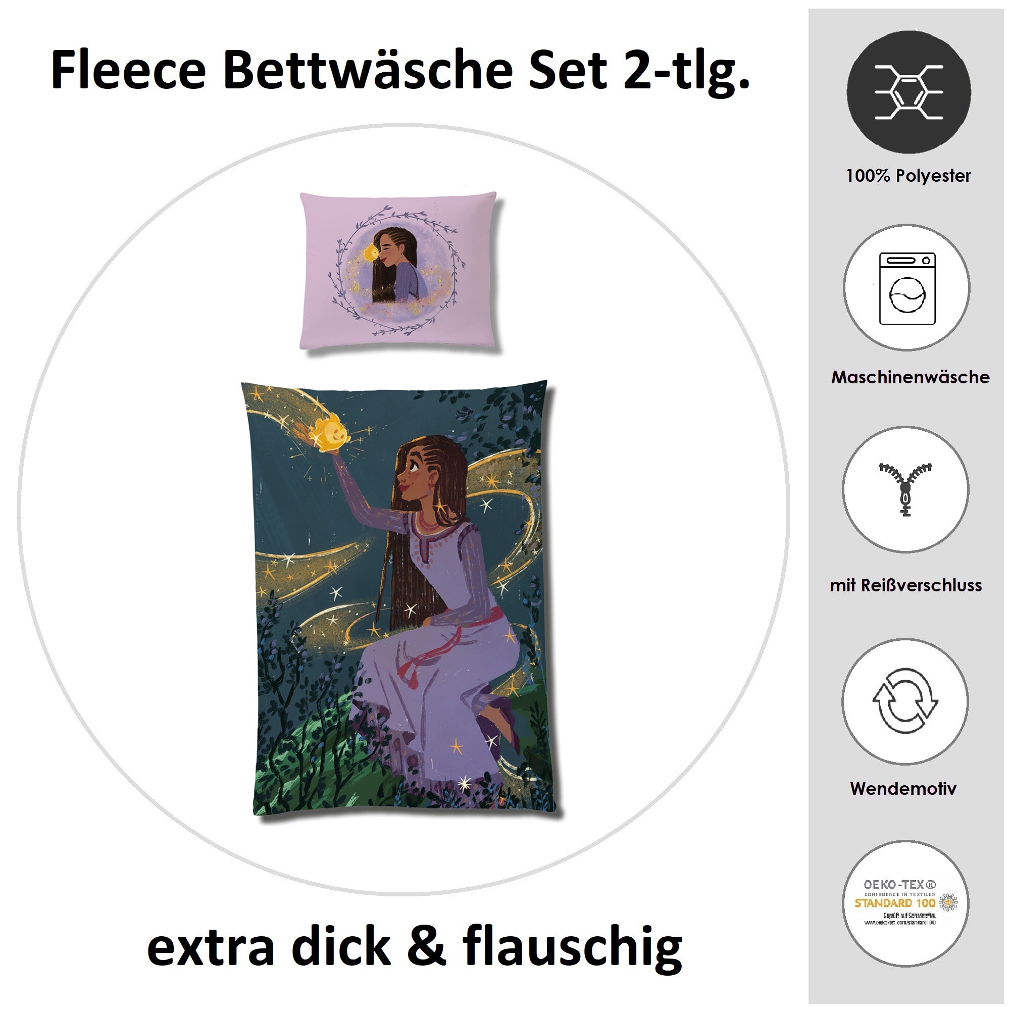 Infotafel Lila Prinzessinnen Microfaser Bettwäsche mit Wendeseite 135x200 cm