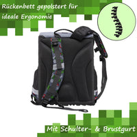 Detailansicht gepolstertes Rückenbett und Schultergurte mit Info Ergonomie