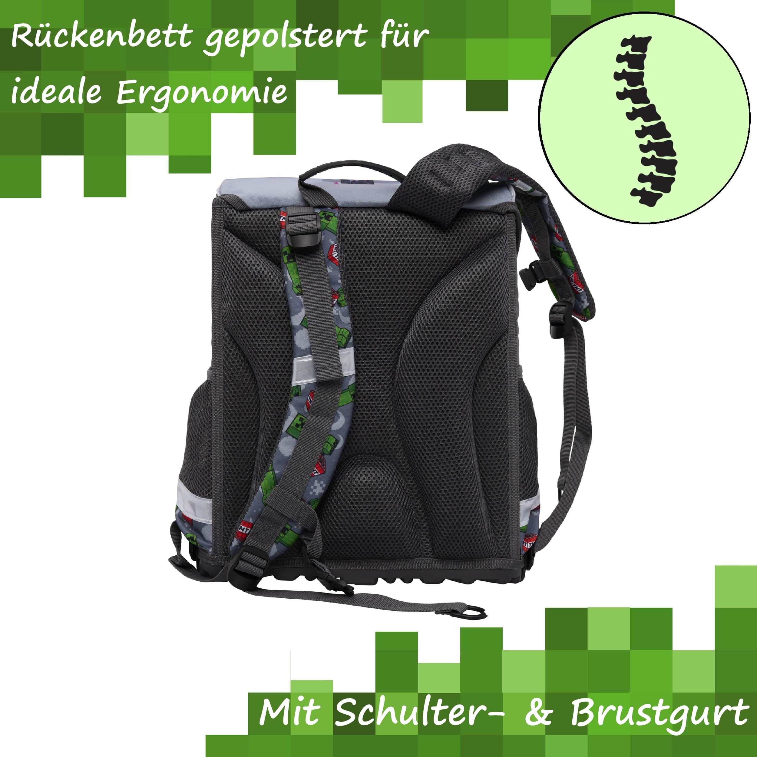 Detailansicht gepolstertes Rückenbett und Schultergurte mit Info Ergonomie
