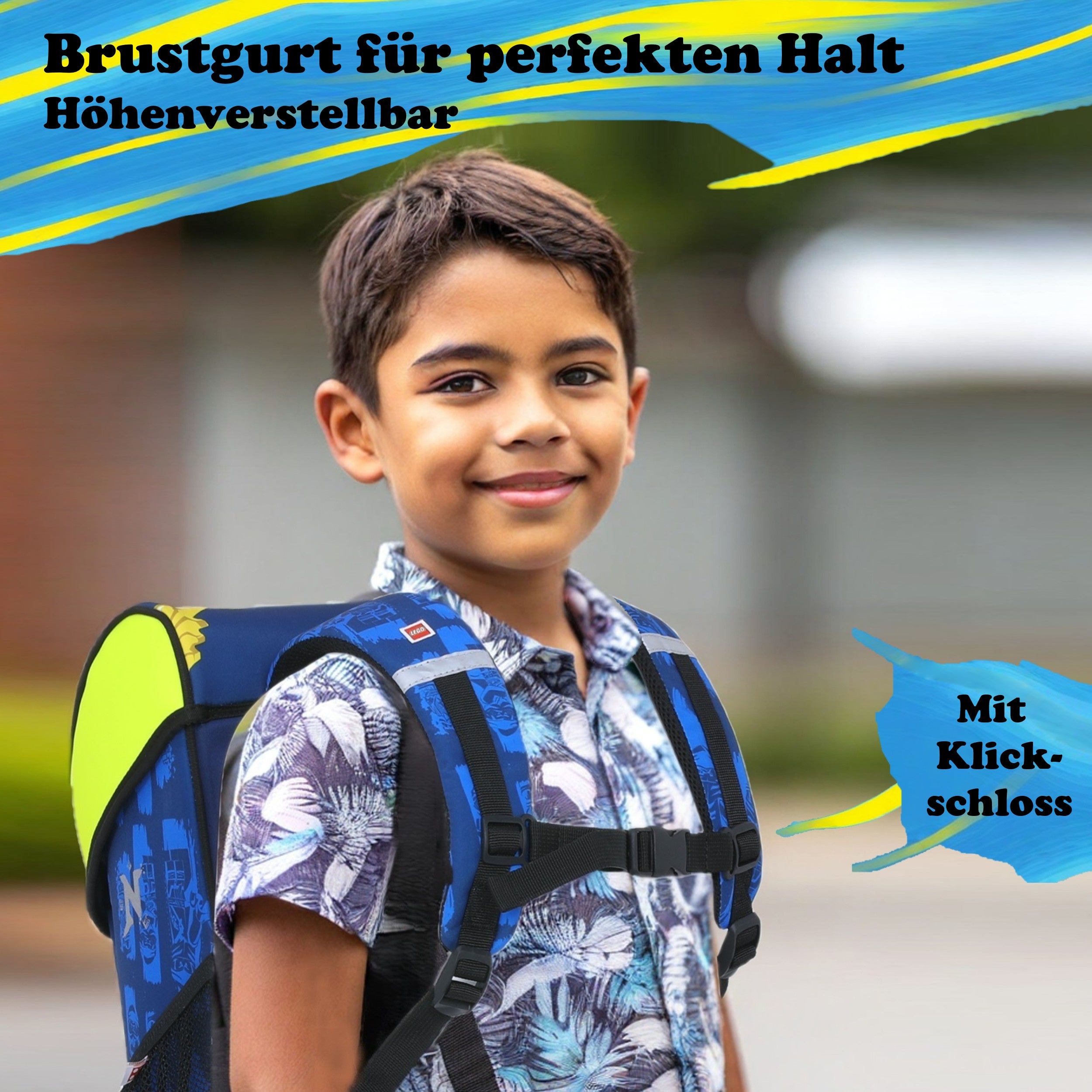 Junge trägt Schulranzen auf dem Rücken - Info zum verstellbaren Brusgurt