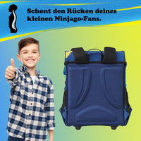 Junge zeigt Daumen nach oben neben Schulranzen - Info zum Rückenbett