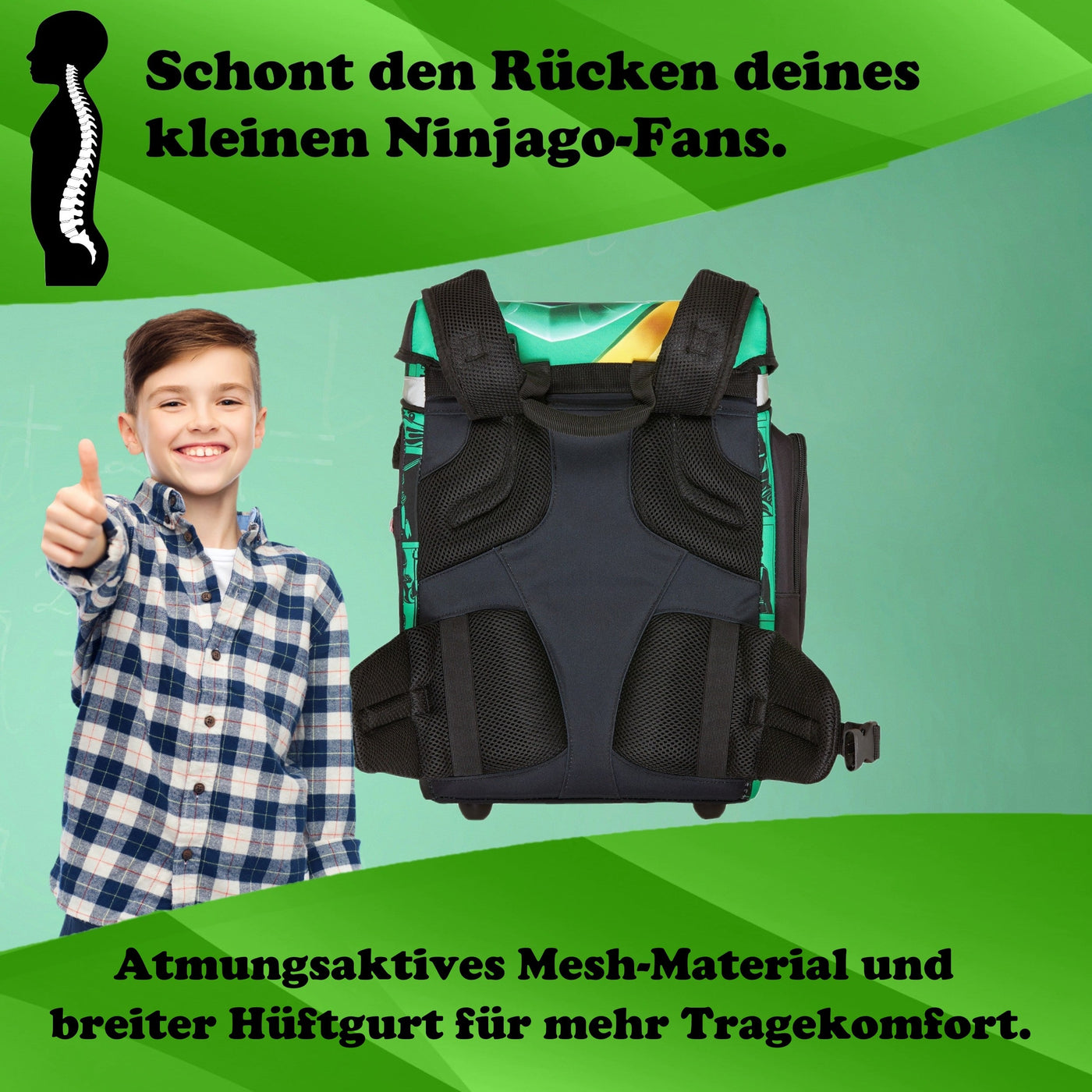 Infotafel zur Ergonomie des Ninjago Schulranzen mit Brust- & Schultergurten, sowie weichem Rückenbett