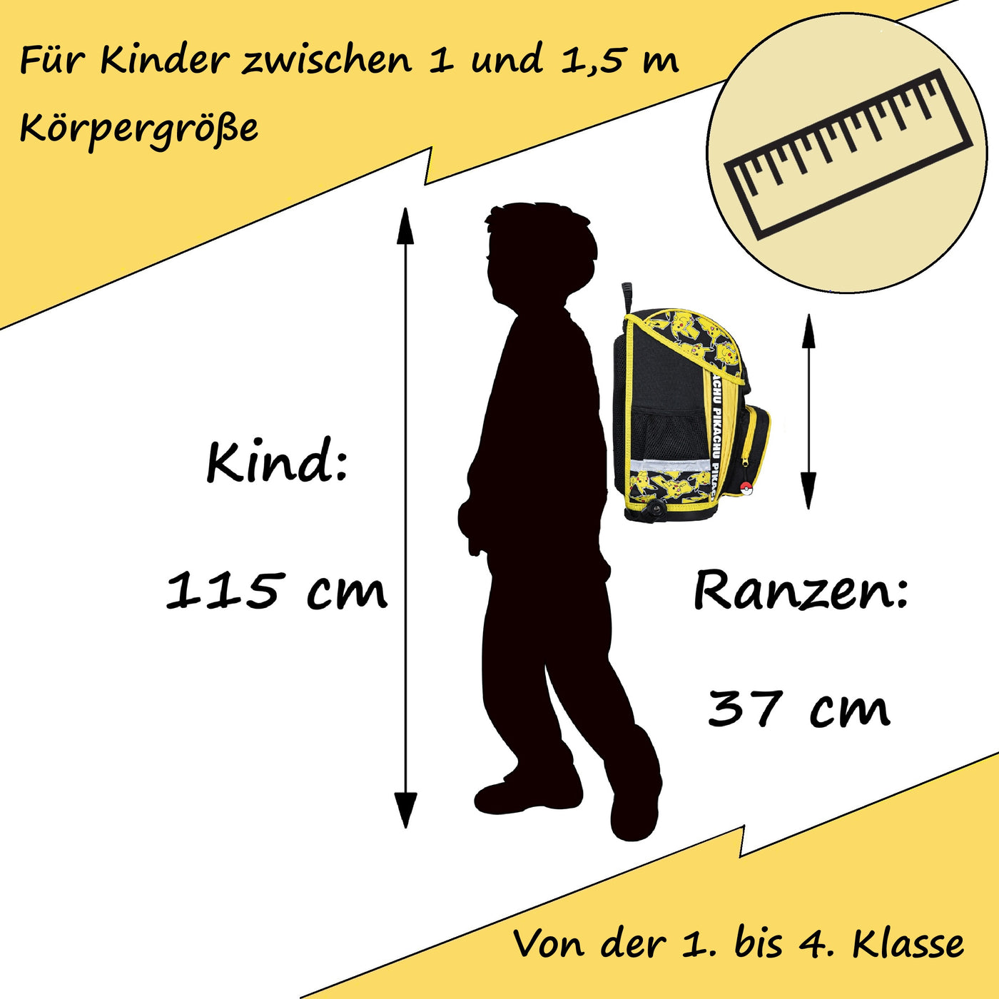 Infotafel Größe und Passform für Kinder zwischen 1 und 1,5 m