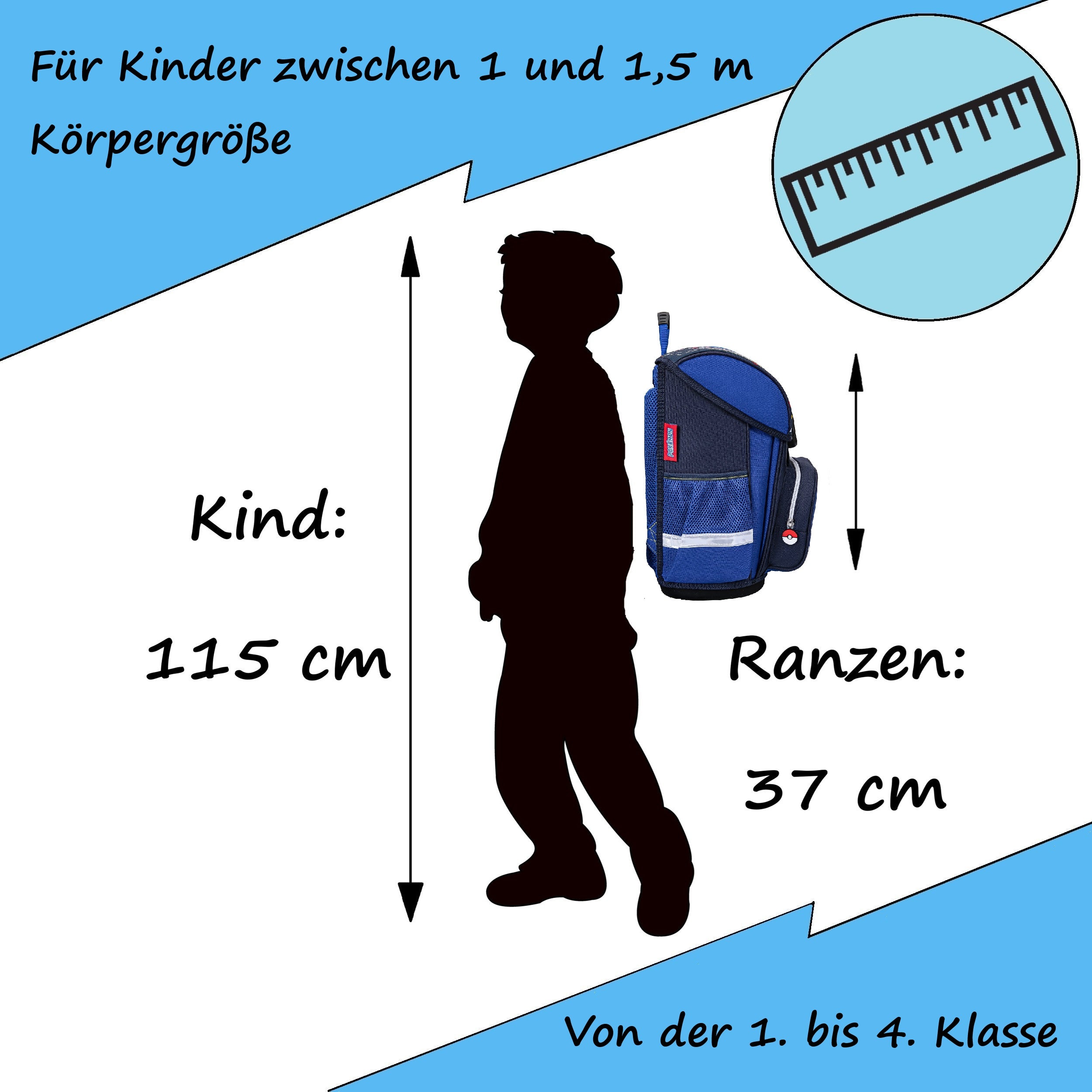 Infotafel Größe und Passform für Kinder zwischen 1 und 1,5 m