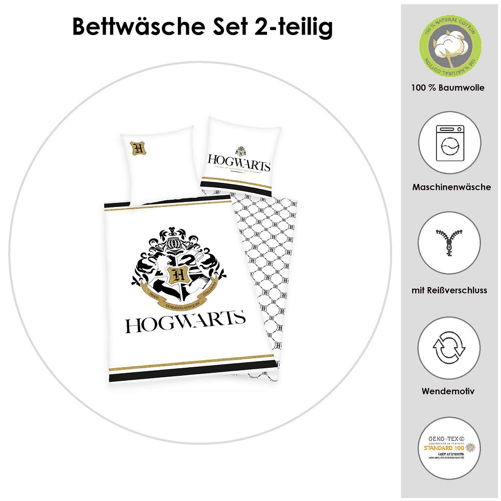 Harry Potter Bettwäsche Set weiß 135x200 + 80x80 cm aus 100% Baumwolle mit Knopfleiste Motiv Wappen