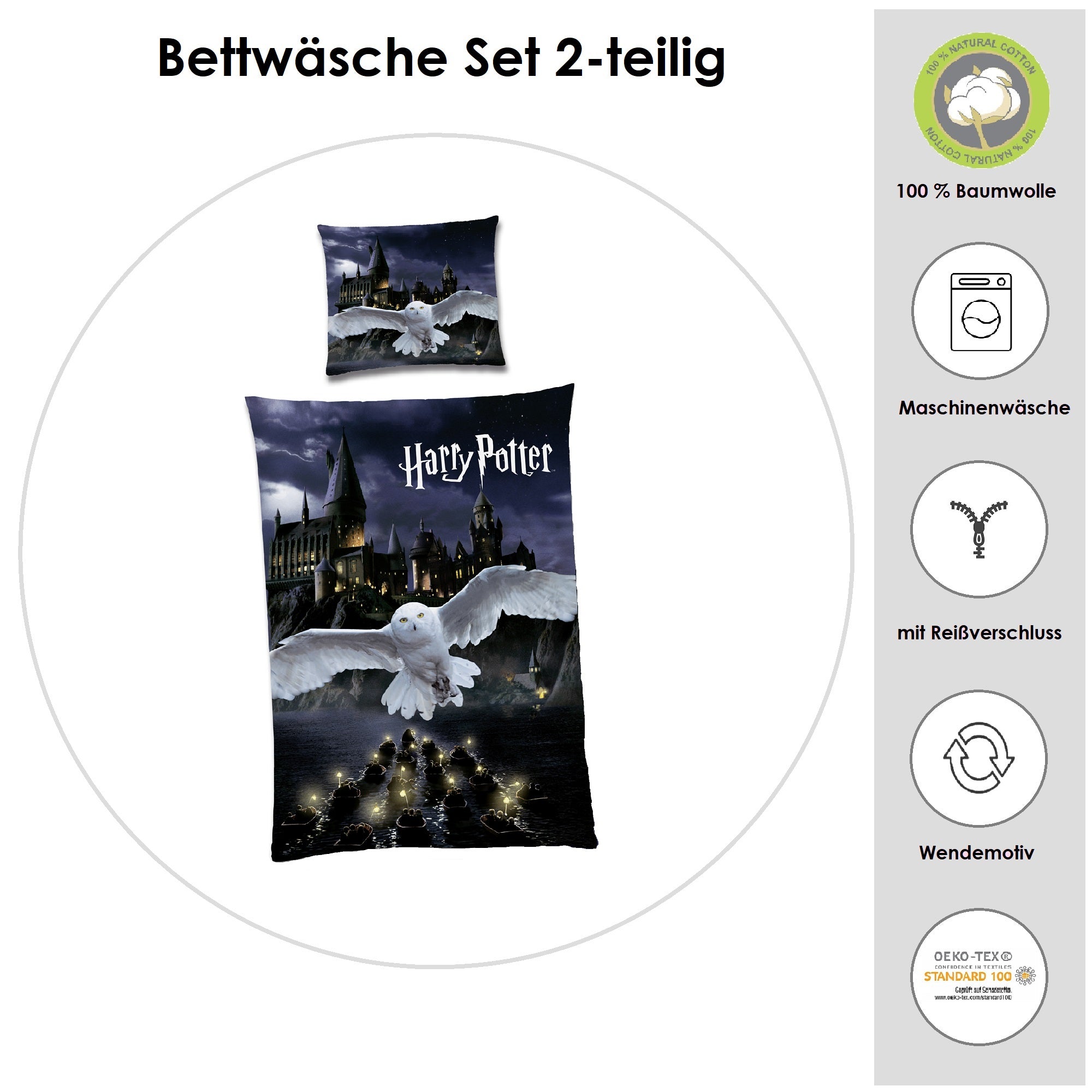 Infotafel Harry Potter Bettwäsche mit Eule Motiv: Waschhinweise Ökotex und Reißverschlussangaben