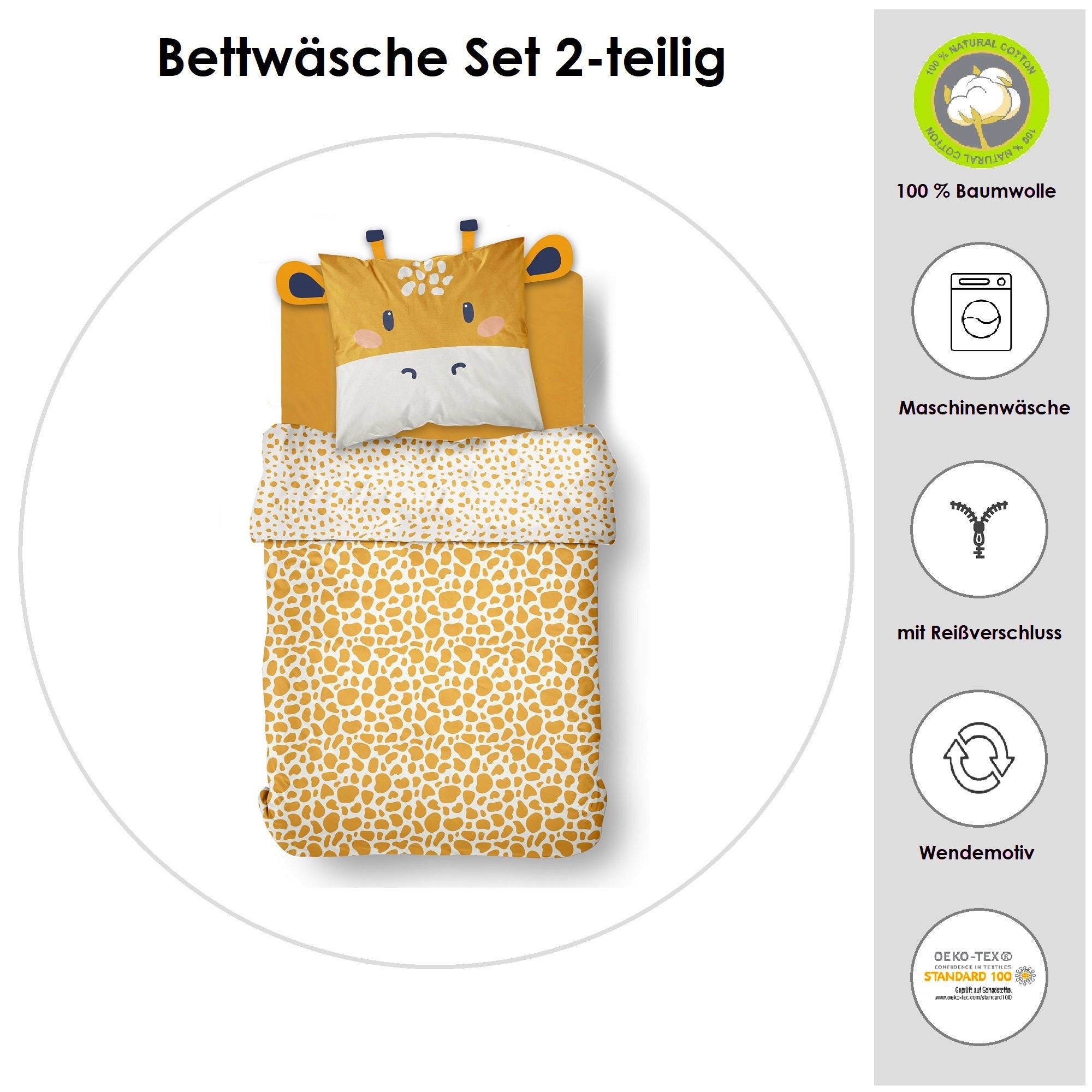 Kinderbettwäsche Set 135x200 80x80 cm Gelbes Tier Motiv mit Giraffe aus 100% Baumwolle mit Reißverschluss