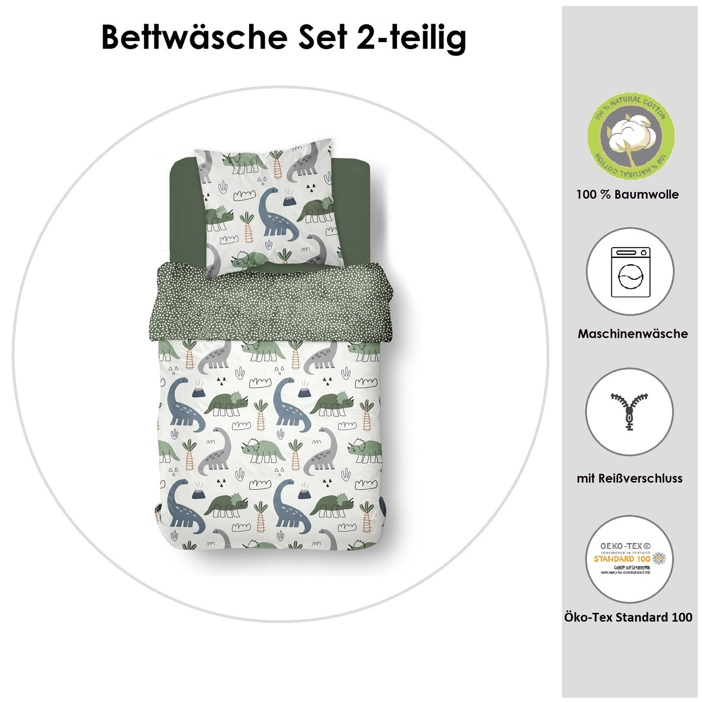 Infotafel Material und Waschhinweise der Bettwäsche aus 100% Baumwolle mit Reißverschluss