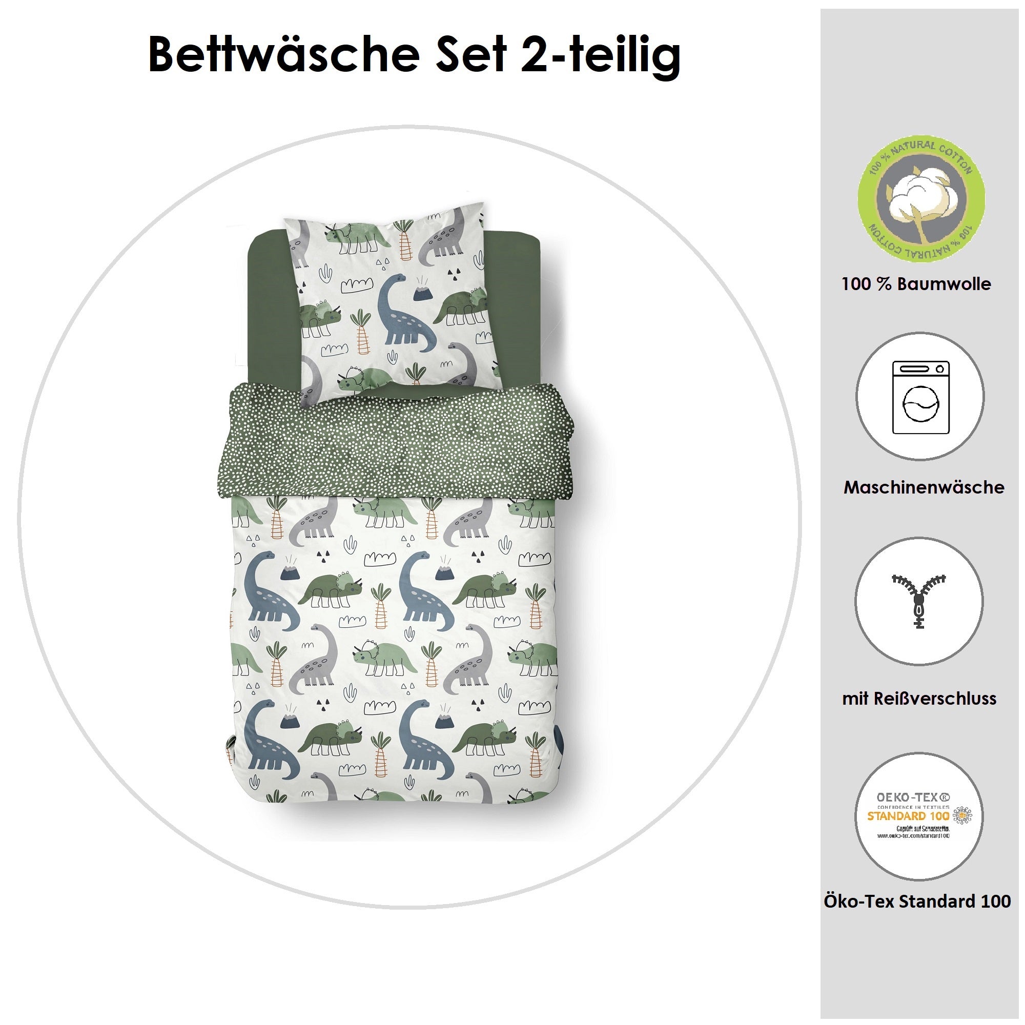 Infotafel Material und Waschhinweise der Bettwäsche aus 100% Baumwolle mit Reißverschluss
