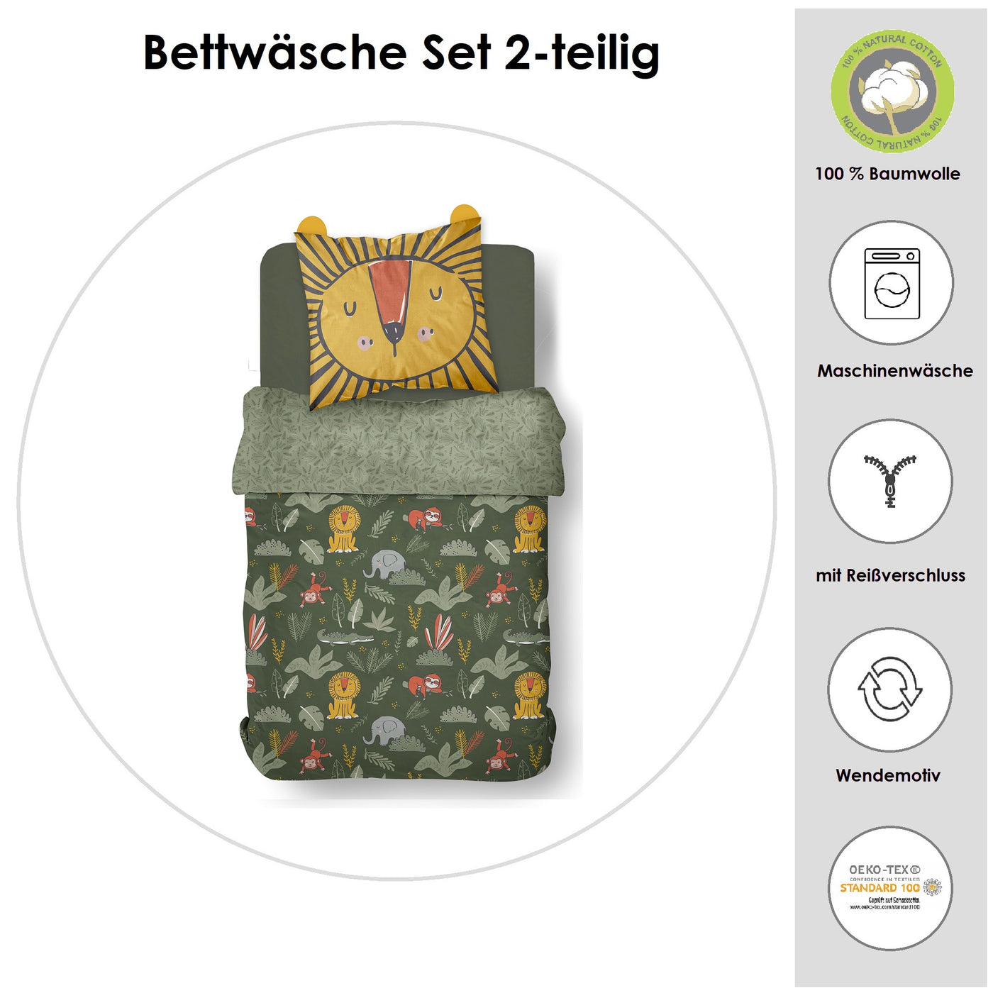 Infotafel Material und Waschhinweise der Bettwäsche aus 100% Baumwolle mit Reißverschluss