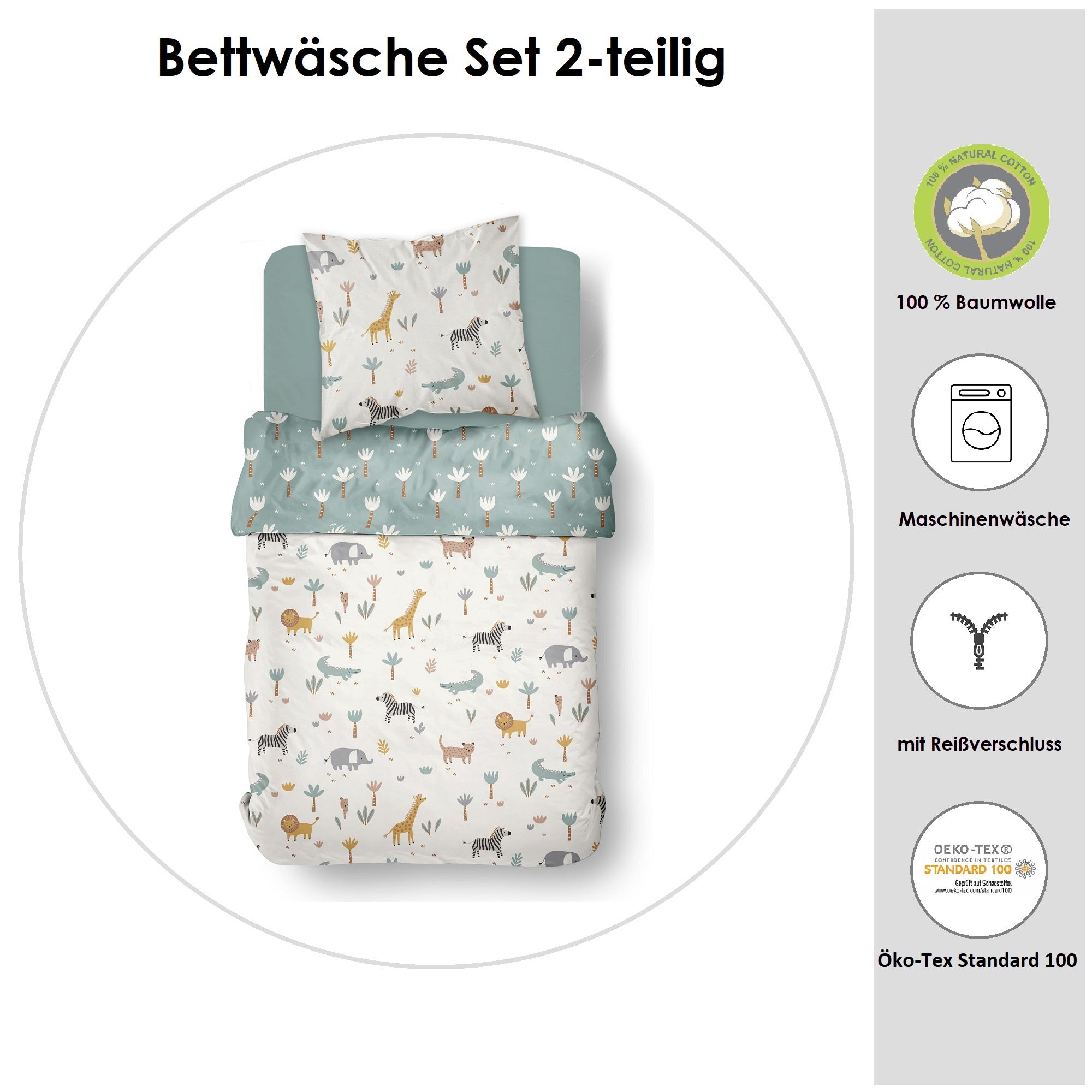 Infotafel Material und Waschhinweise der Bettwäsche aus 100% Baumwolle mit Reißverschluss