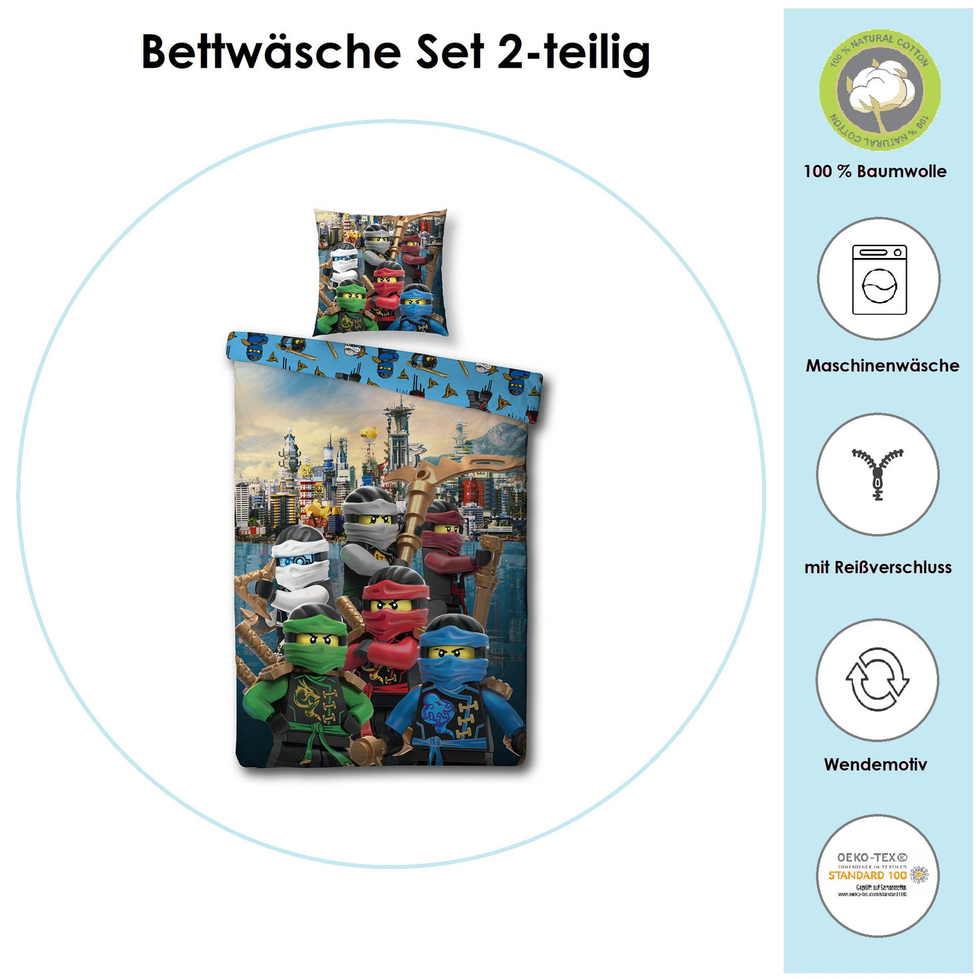 Infotafel Ninjago Bettwäsche mit Lloyd Kai Zane Nya Cole Jay 135x200 cm