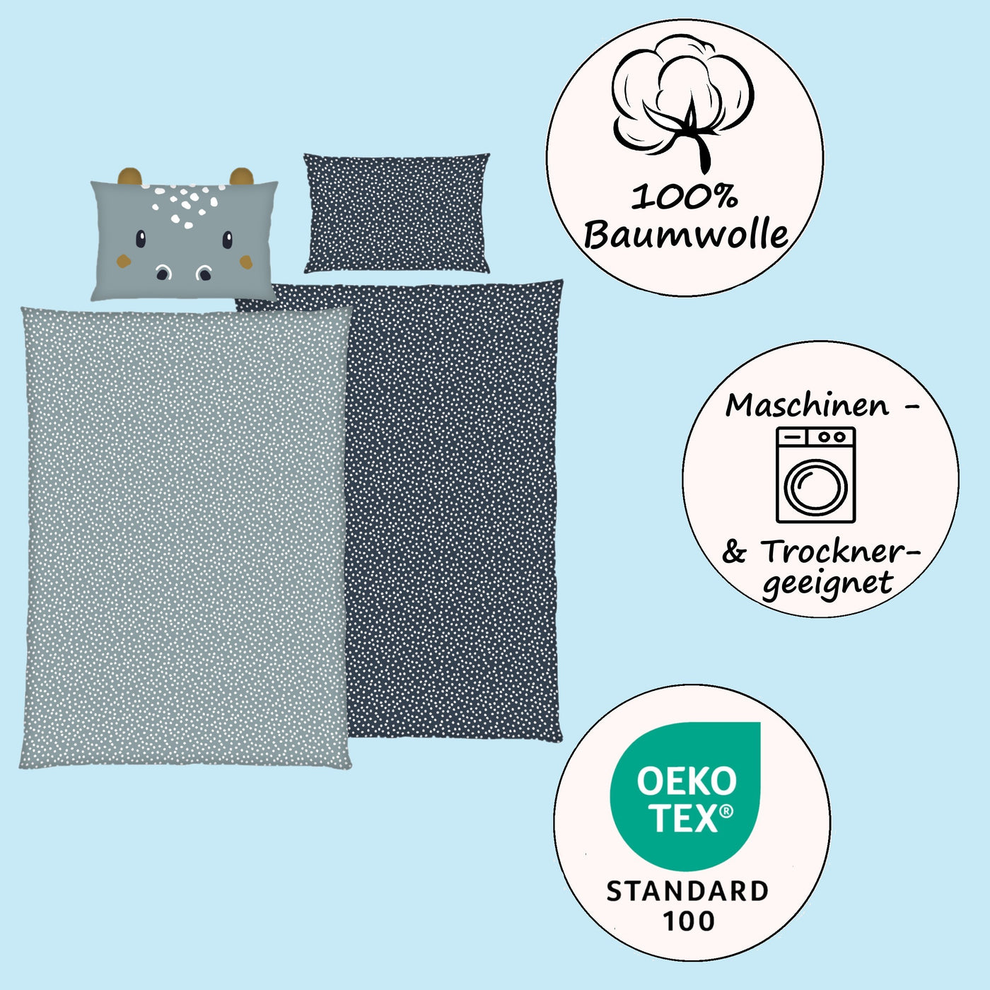 Babybettwäsche Set Blau 100x135 40x60 cm Motiv Hippo mit Nilpferd Flusspferd aus 100% Baumwolle mit Reißverschluss