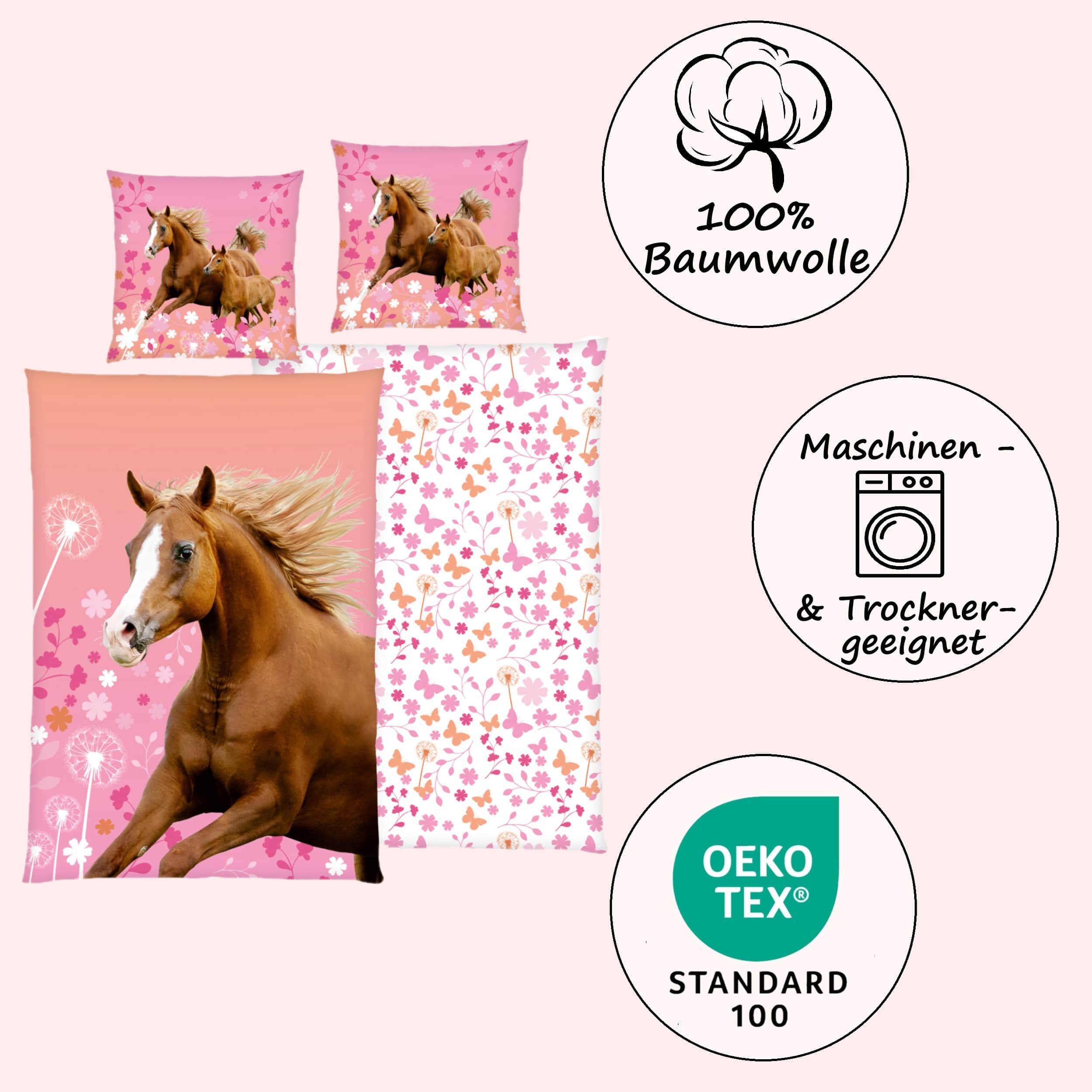 Pferde Bettwäsche Set 2-teilig 135x200 80x80 cm - Renforcé Bettwäsche für Mädchen aus 100% Baumwolle mit Reißverschluss - Rosa, Öko-Tex zertifiziert