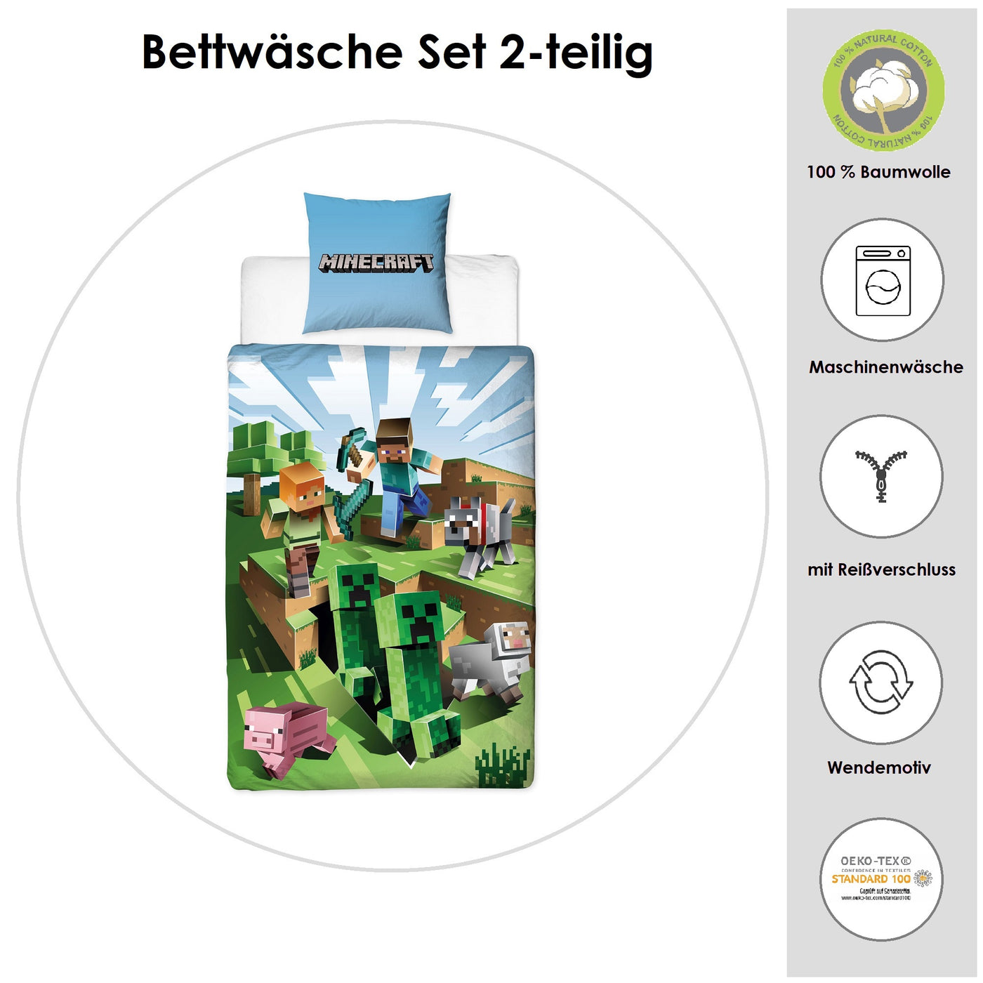 Infotafel Material und Waschhinweise der Bettwäsche aus 100% Baumwolle mit Reißverschluss