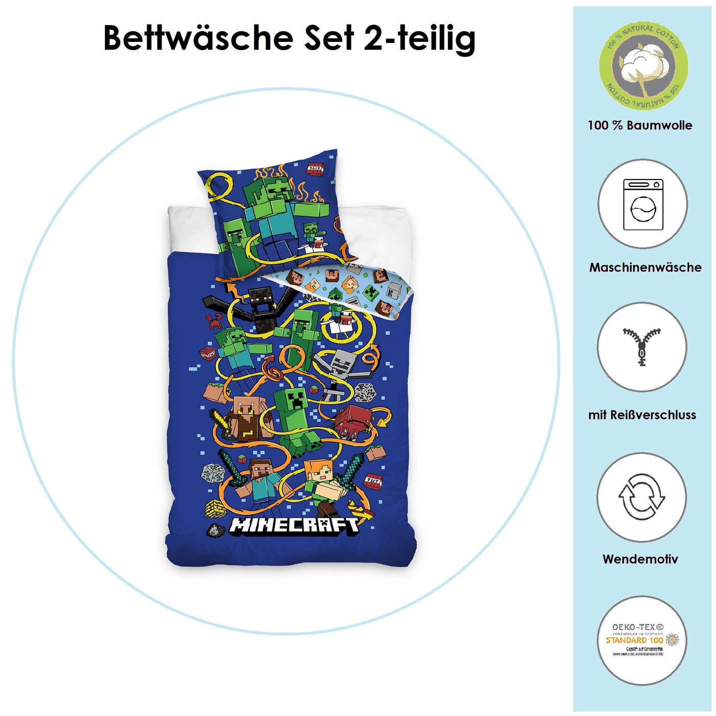 Infotafel Material und Waschhinweise Bettwäsche aus 100% Baumwolle mit Reißverschluss