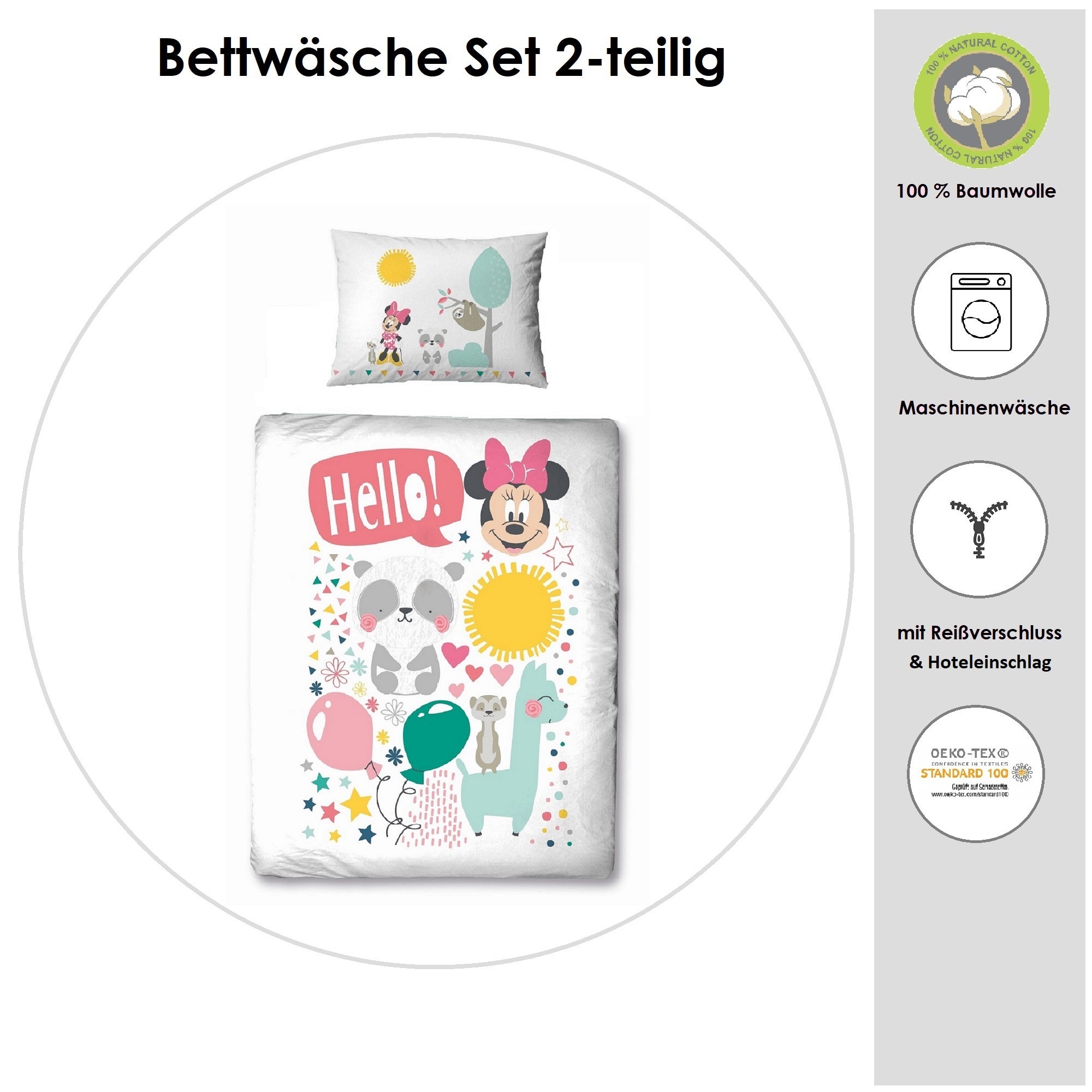 Infotafel Material und Waschhinweise der Babybettwäsche aus 100% Baumwolle mit Reißverschluss und Hoteleinschlag