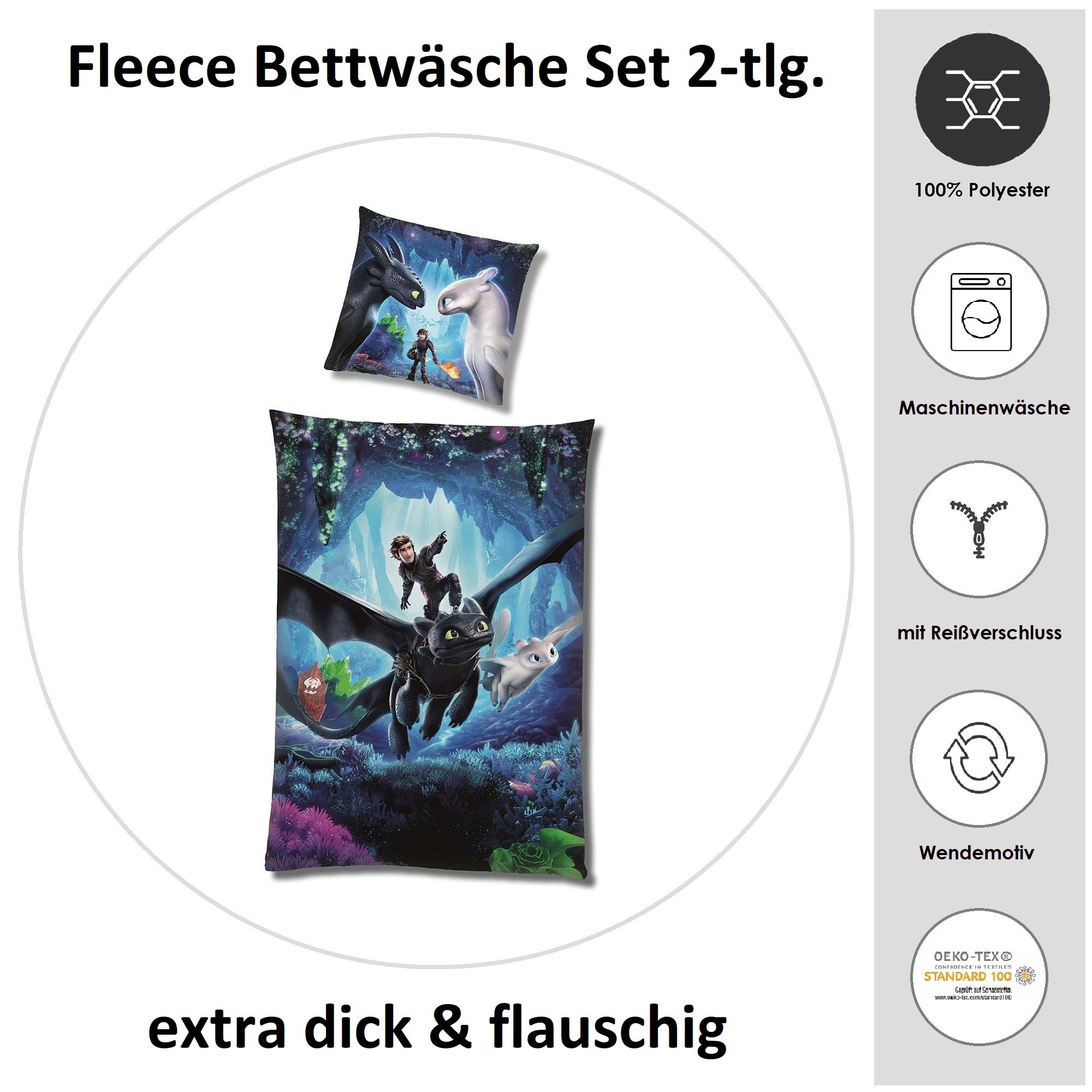 Infotafel Material und Waschhinweise für Disney Dragons Drachen Bettwäsche 135x200 dunkelblau mit Drache Ohnezahn und Hicks dem Hünen