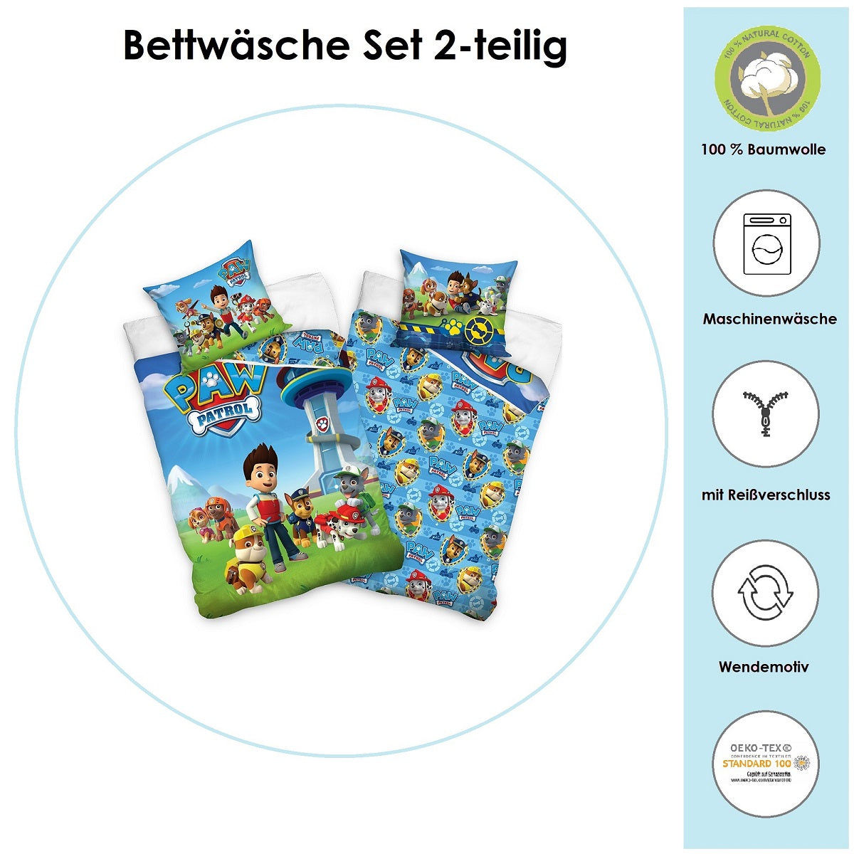 Infotafel Material und Waschhinweise der Bettwäsche aus 100% Baumwolle mit Reißverschluss