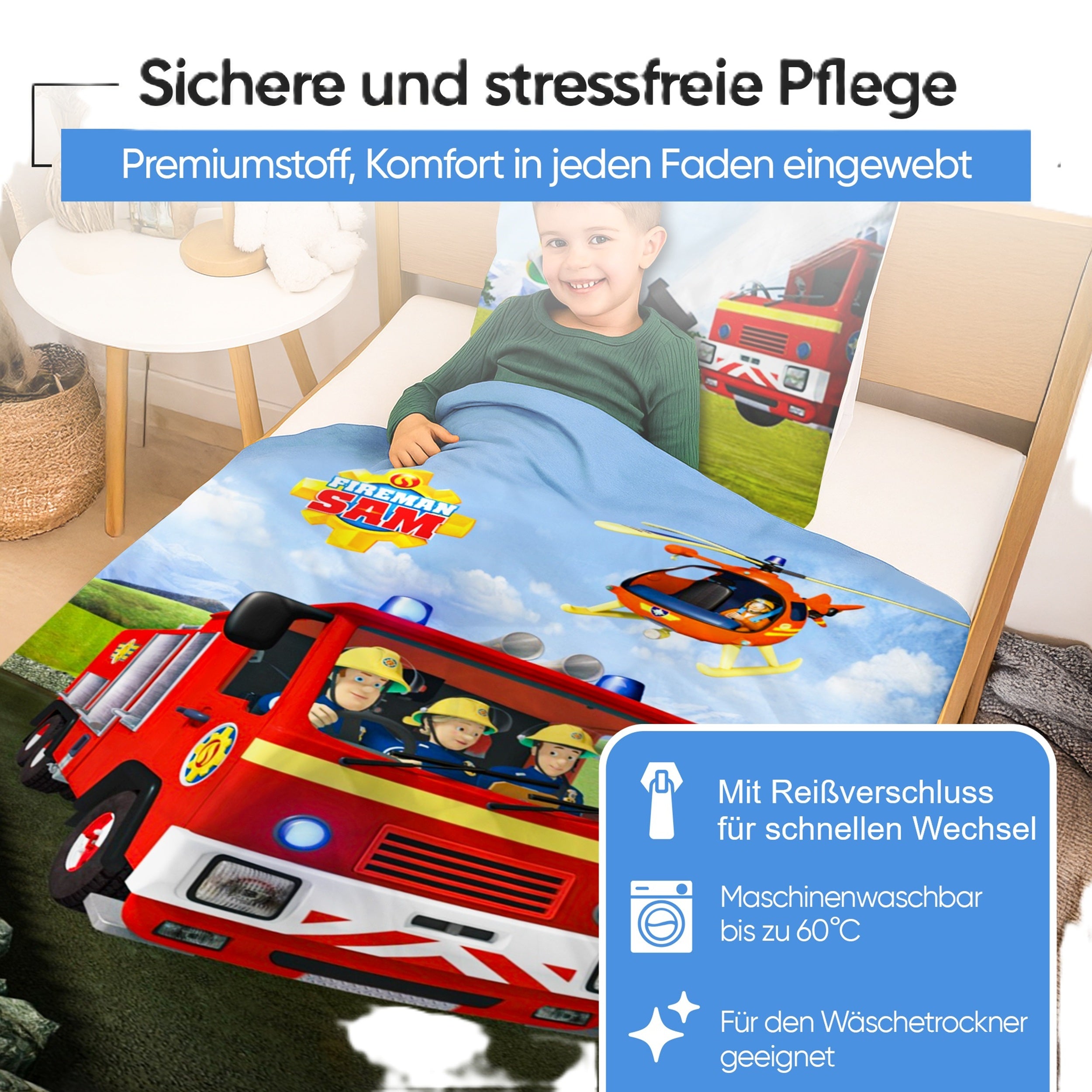 Infotafel Pflege Maschinenwäsche und Trocknergeeignet und Reißverschluss an der Bettwäsche