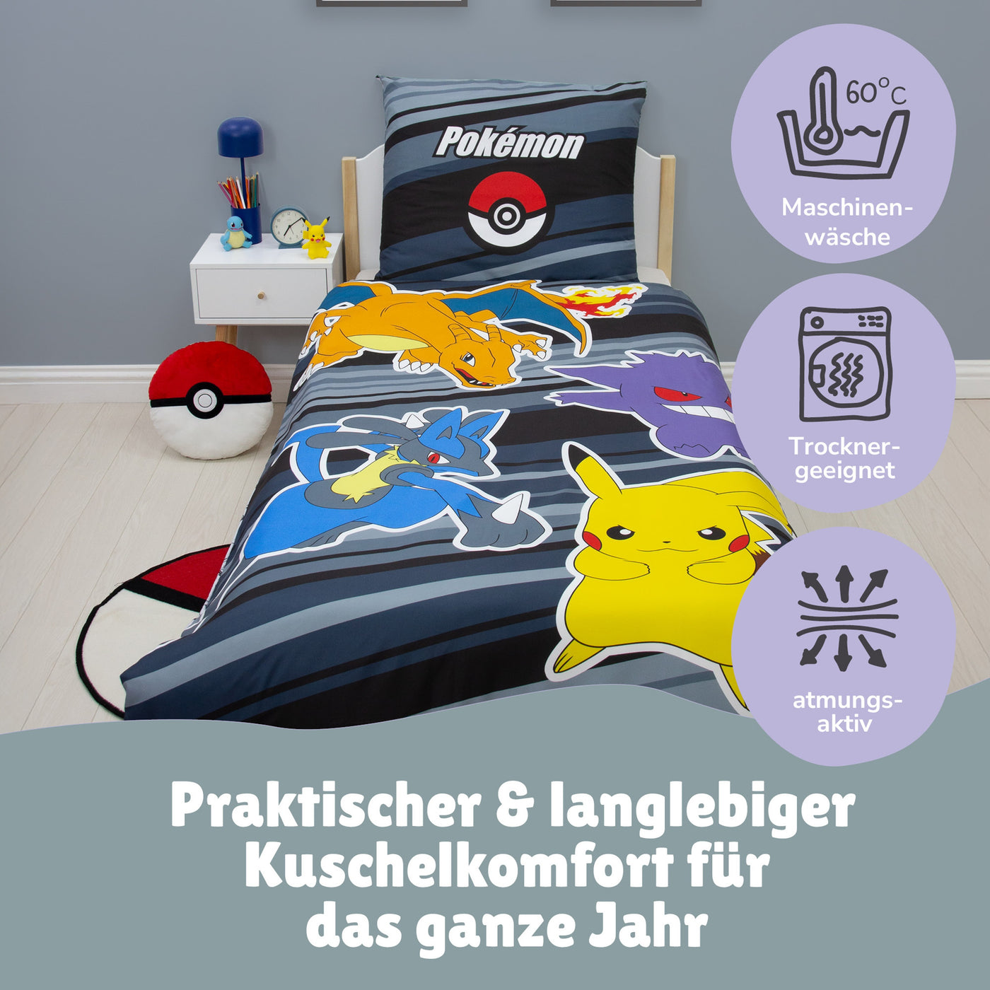 Pokémon Bettwäsche Set 2-teilig Motiv Fire - Deckenbezug 135x200 Kissenbezug 80x80 cm - Pokemon Microfaser Kinderbettwäsche mit Reißverschluss