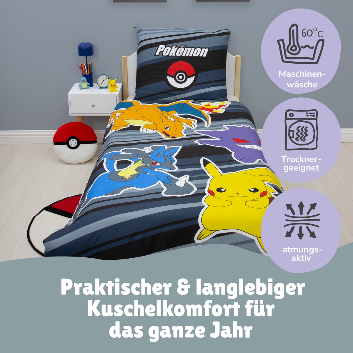 Infotafel Pflege Maschinenwäsche und Trocknergeeignet und Reißverschluss an der Bettwäsche