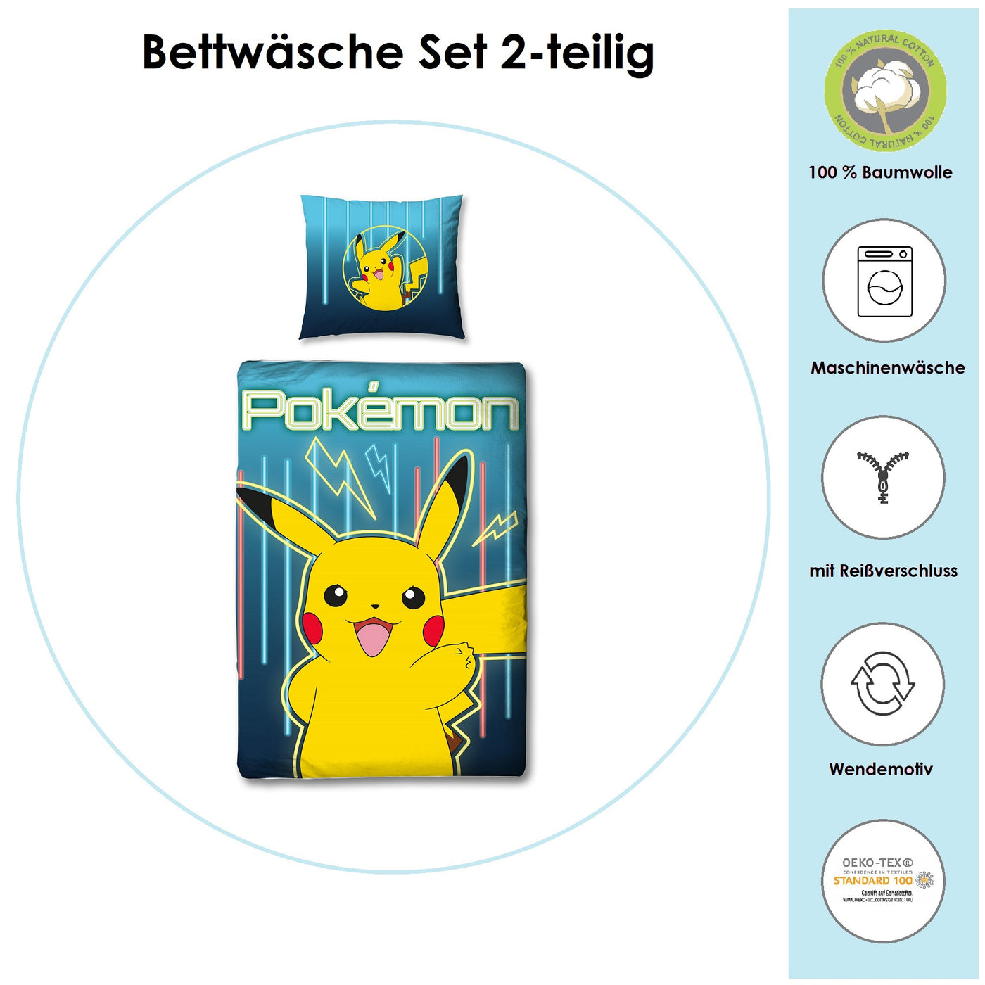 Infotafel Material und Waschhinweise Pokemon Bettwäsche aus 100% Baumwolle mit Reißverschluss