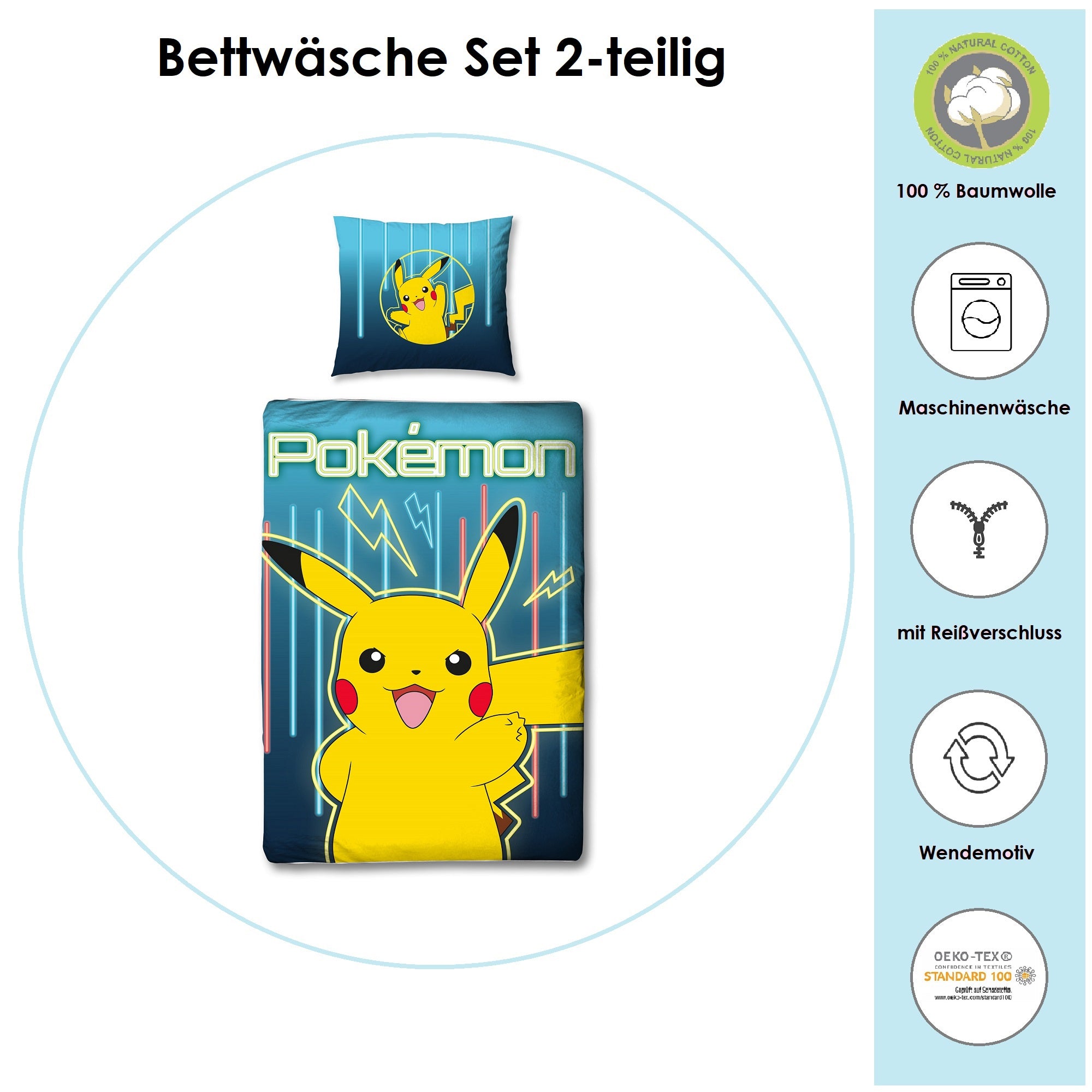 Infotafel Material und Waschhinweise Pokemon Bettwäsche aus 100% Baumwolle mit Reißverschluss