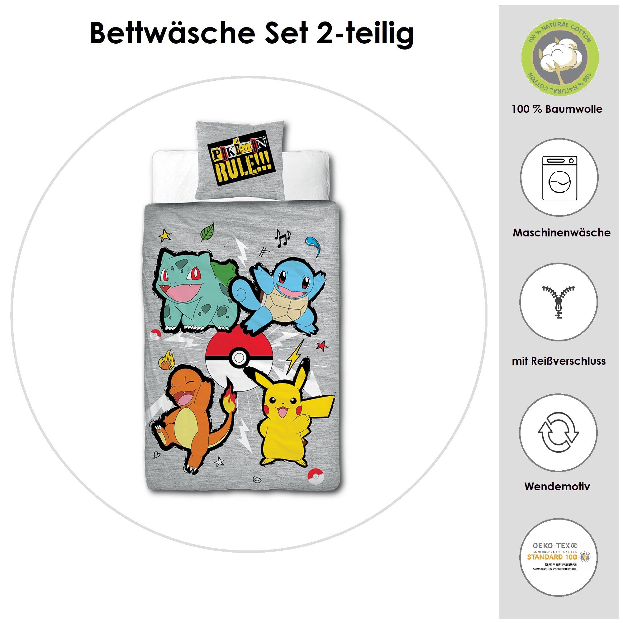 Infotafel Material und Waschhinweise der Pokemon Bettwäsche aus 100% Baumwolle mit Reißverschluss