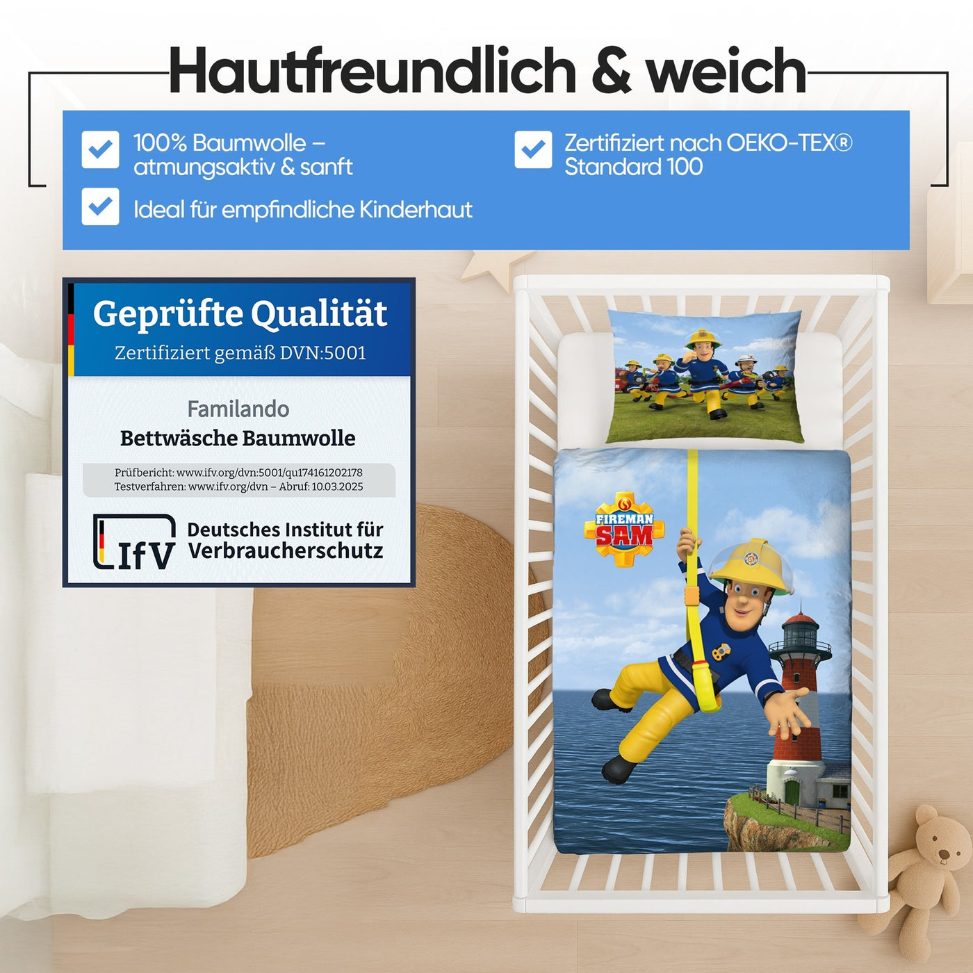 Feuerwehrmann Sam Baby-Bettwäsche 100x135 40x60 cm aus 100% Baumwolle Motiv HAVOC für Kleinkinder